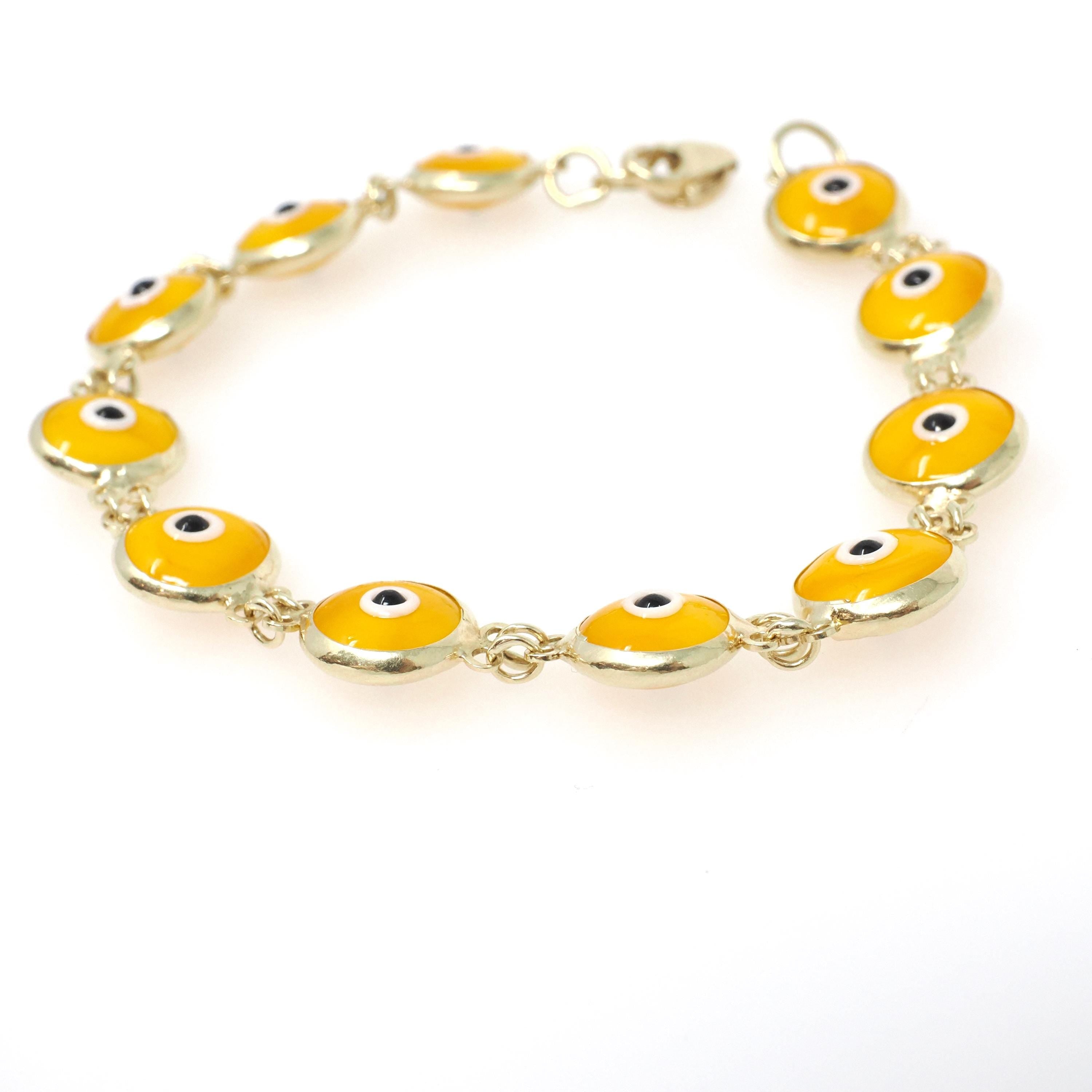 Evil Eye Bracelet - Contemporary 14k Yellow Gold Round Yellow Glass Bezel Links - Circa 2000's Tennis Style Protection Fine Fashion Jewelry