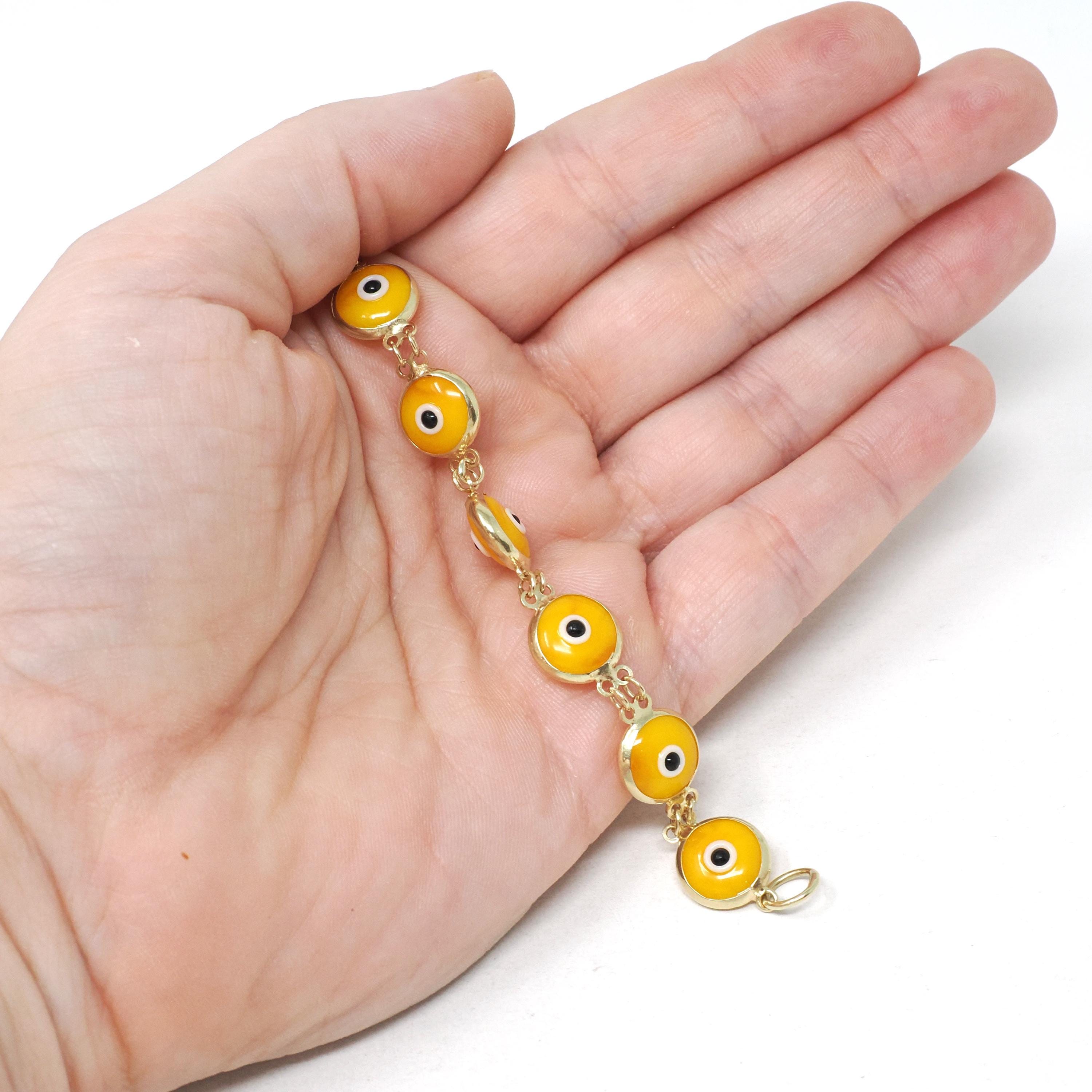Evil Eye Bracelet - Contemporary 14k Yellow Gold Round Yellow Glass Bezel Links - Circa 2000's Tennis Style Protection Fine Fashion Jewelry