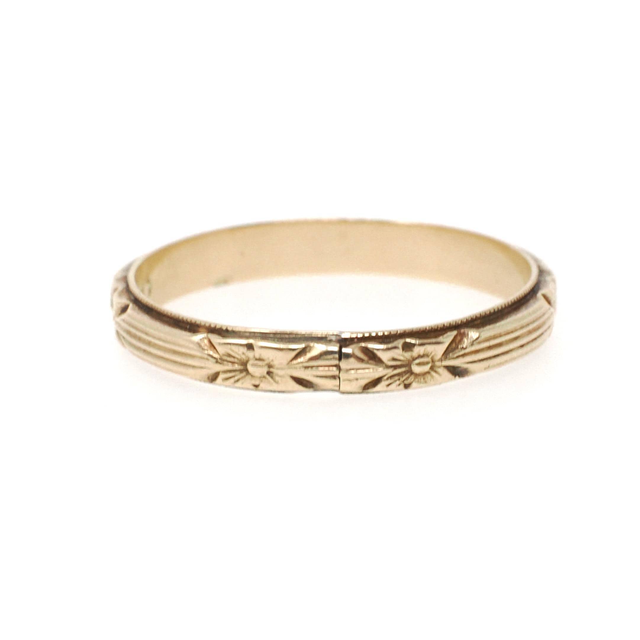 Eternity Flower Band - Art Deco 14k Yellow Gold Floral Stacking Wedding Ring - Circa 1930s Size 8 Unisex 2.8 MM Milgrain Bridal Fine Jewelry