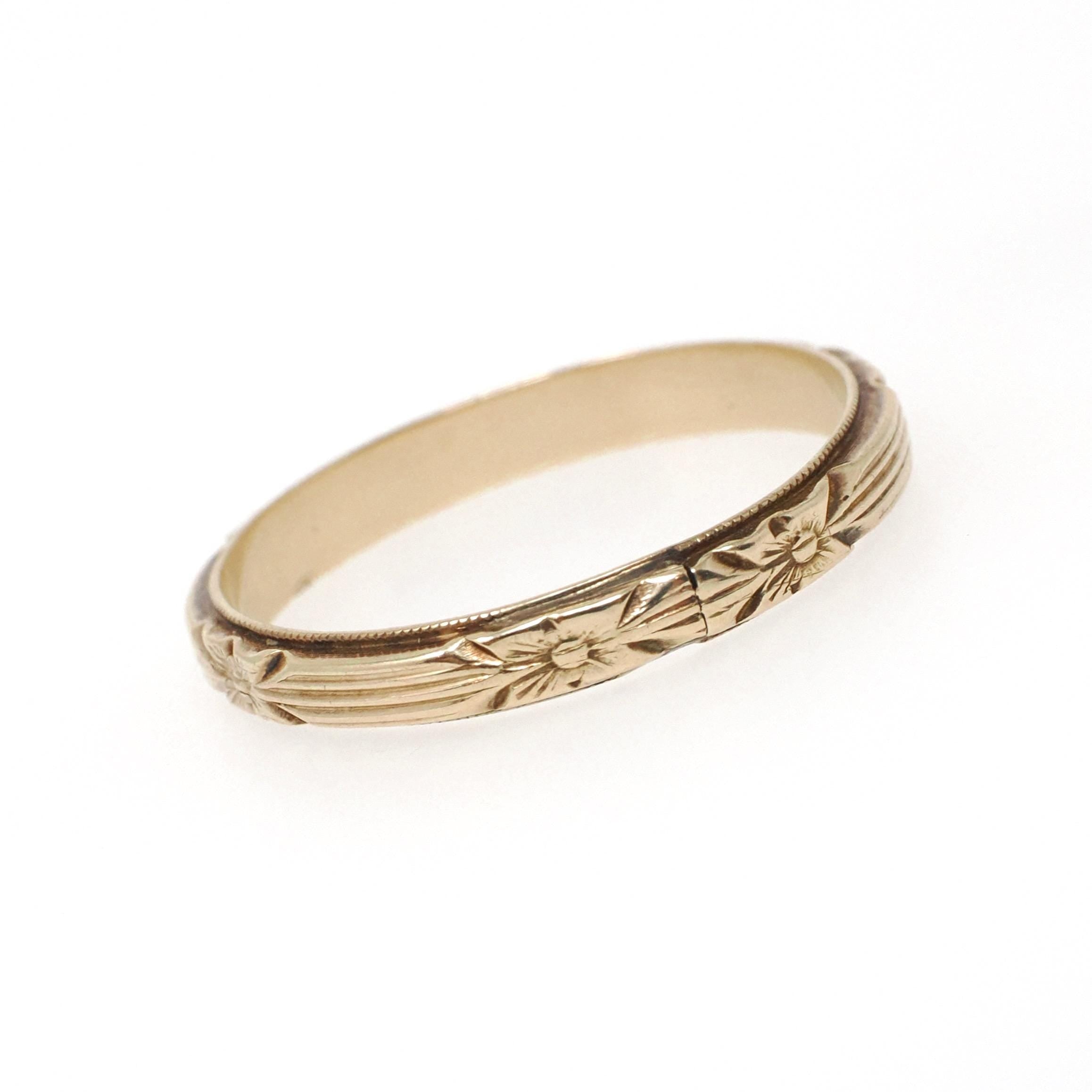 Eternity Flower Band - Art Deco 14k Yellow Gold Floral Stacking Wedding Ring - Circa 1930s Size 8 Unisex 2.8 MM Milgrain Bridal Fine Jewelry