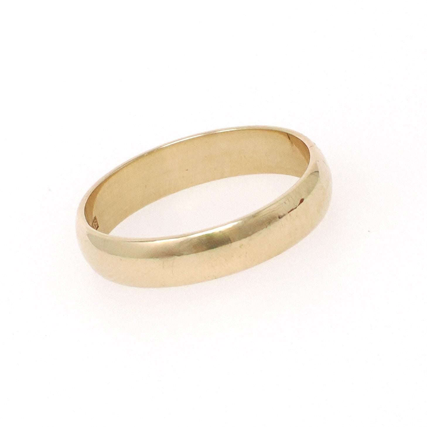 Modern Wedding Band - English 9k Yellow Gold 3.8 MM Half Round Ring - Circa 1980s Era Size 5 3/4 Bold Gold Stacking Fine Bridal Jewelry