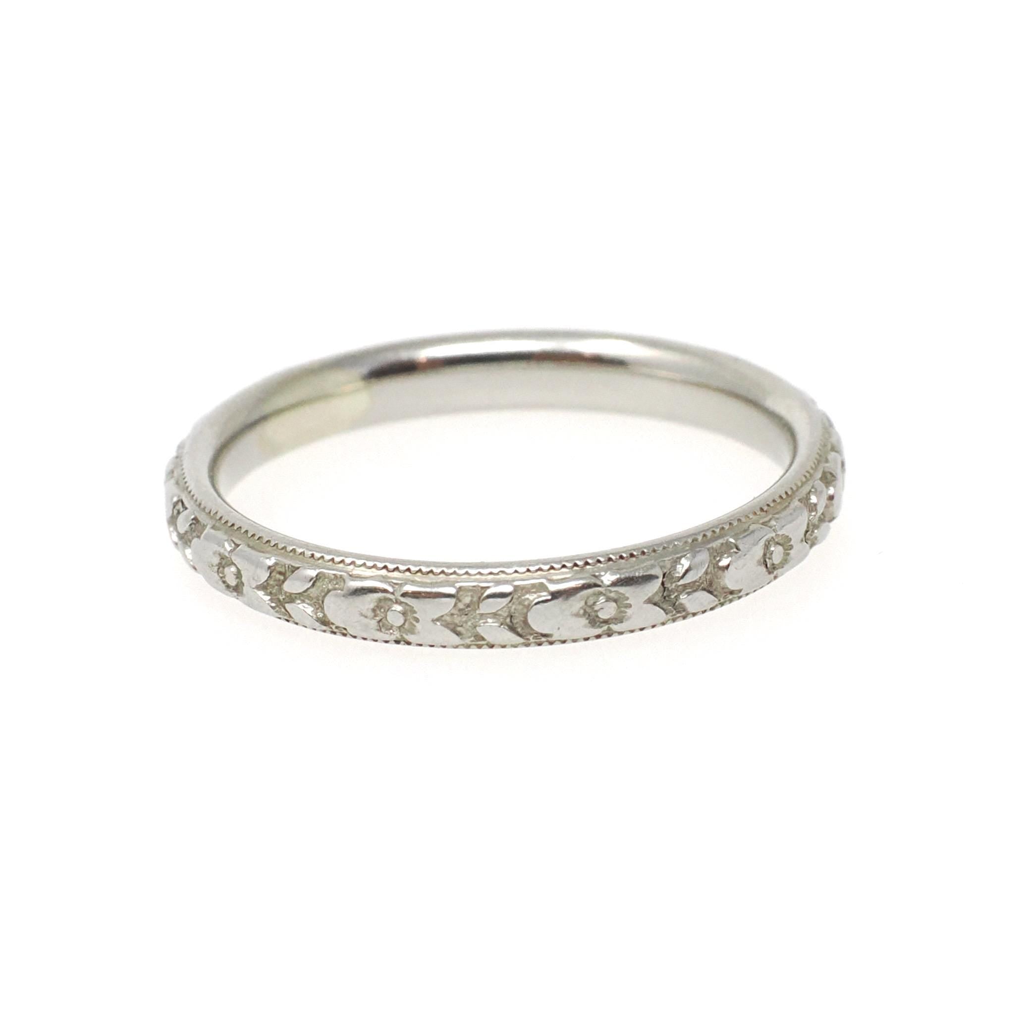 Art Deco Wedding Band - Antique 18k White Gold Orange Blossom 2.6 MM Eternity Ring - Circa 1920s Era Size 5 3/4 Engraved Bridal Fine Jewelry