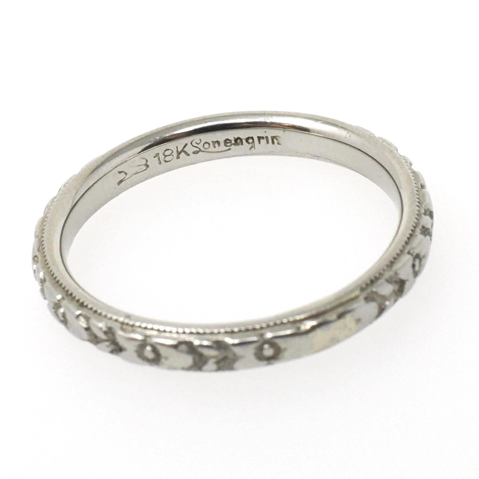 Art Deco Wedding Band - Antique 18k White Gold Orange Blossom 2.6 MM Eternity Ring - Circa 1920s Era Size 5 3/4 Engraved Bridal Fine Jewelry