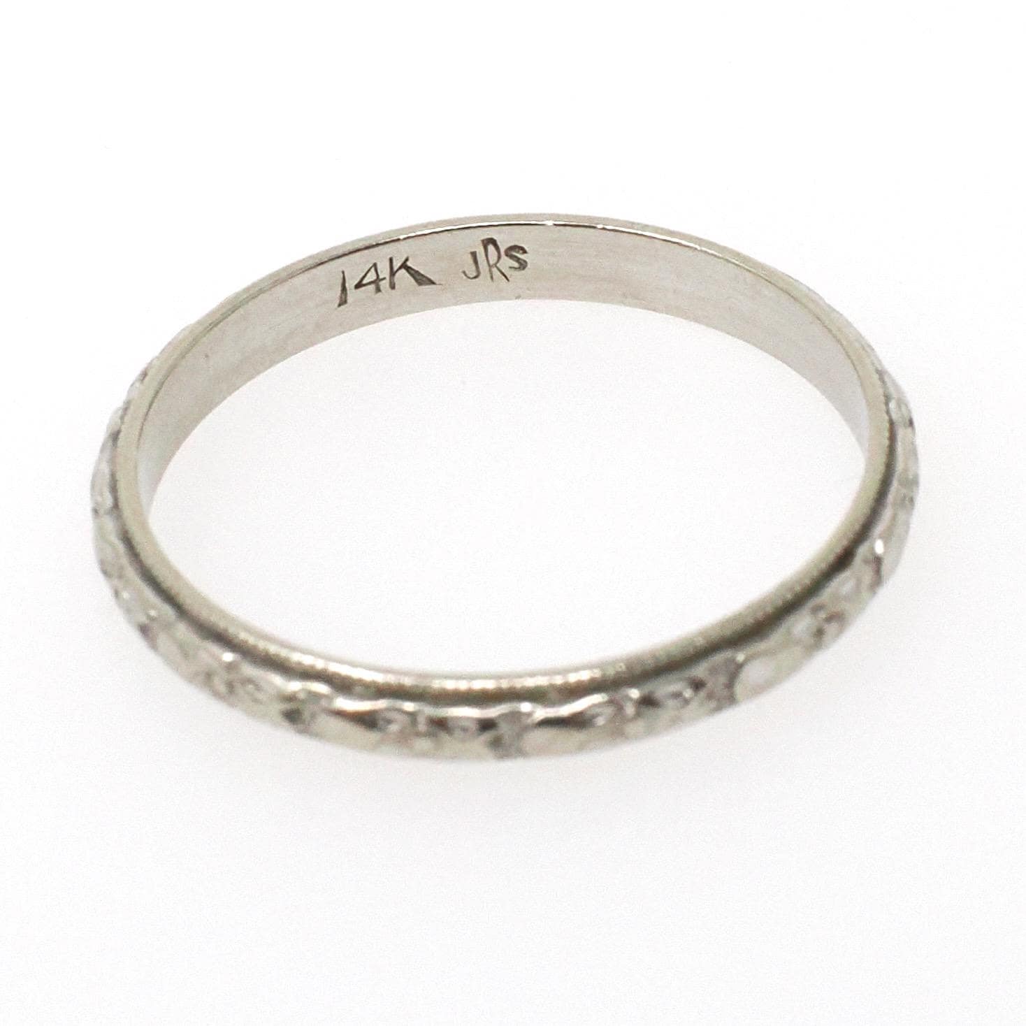 Art Deco Wedding Band - Antique 14k White Gold Orange Blossom 2.7 MM Eternity Ring - Circa 1930s Era Size 8 1/4 Engraved Bridal Fine Jewelry