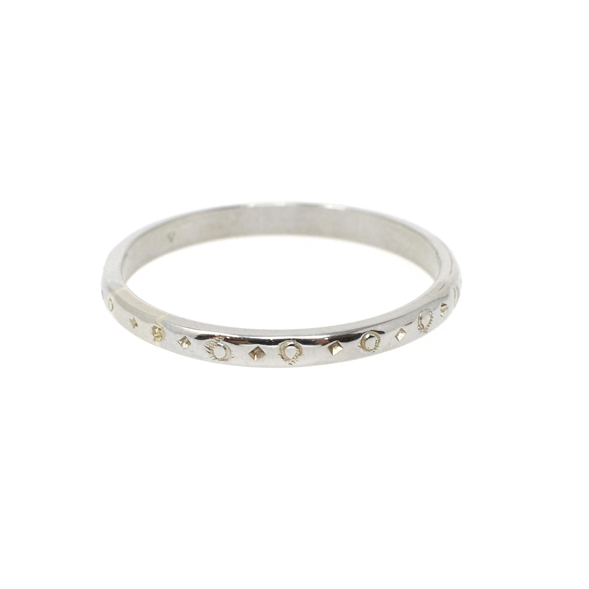 Art Deco Wedding Band - Antique 18k White Gold Orange Blossom 2.2 MM Eternity Ring - Circa 1920s Era Size 8 Engraved Bridal Fine Jewelry