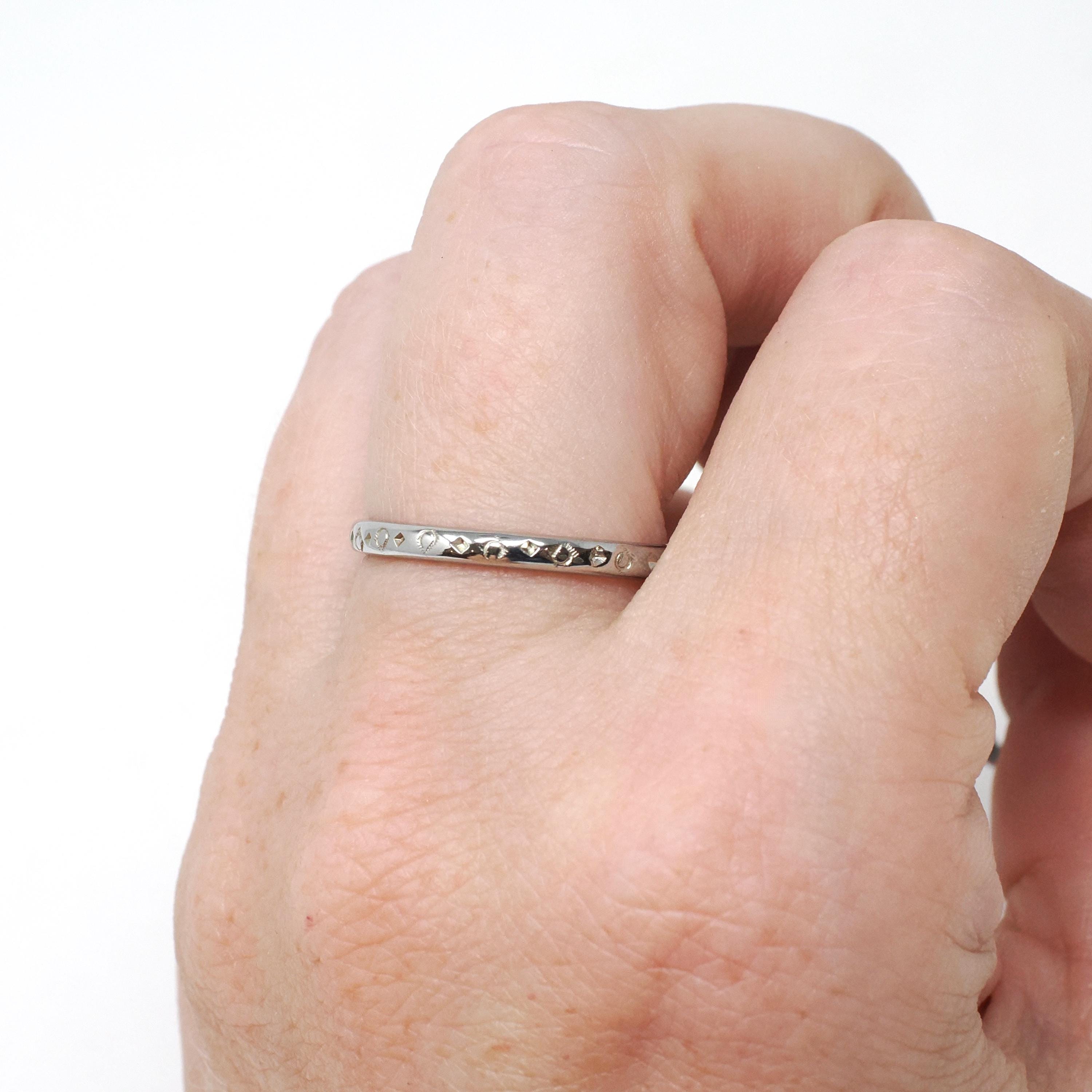 Art Deco Wedding Band - Antique 18k White Gold Orange Blossom 2.2 MM Eternity Ring - Circa 1920s Era Size 8 Engraved Bridal Fine Jewelry