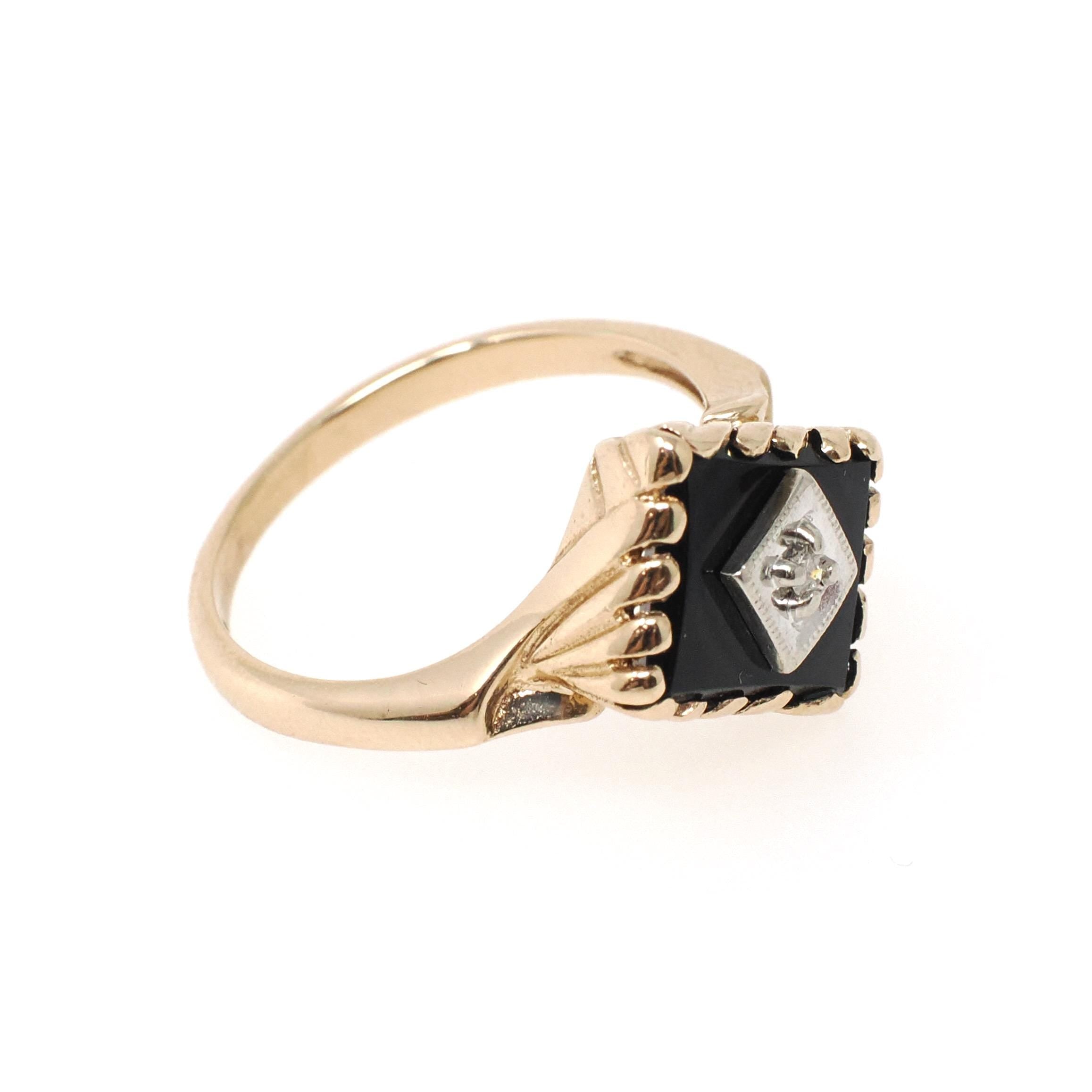 Mid Century Onyx Ring - Vintage 10k Yellow Gold Black Chalcedony Gemstone - Circa 1950s Size 6 1/4 Natural Diamond Statement Fine Jewelry