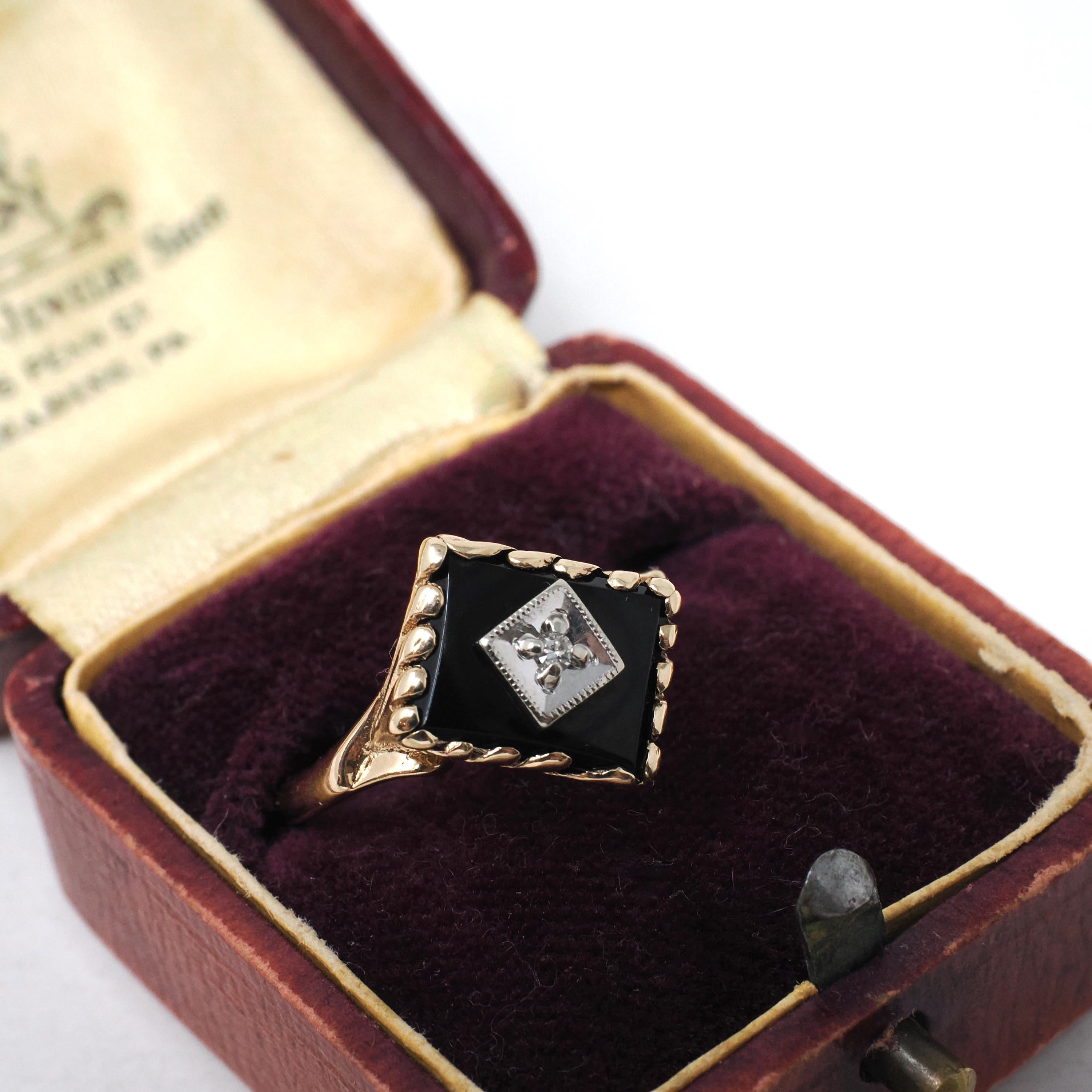 Mid Century Onyx Ring - Vintage 10k Yellow Gold Black Chalcedony Gemstone - Circa 1950s Size 6 1/4 Natural Diamond Statement Fine Jewelry