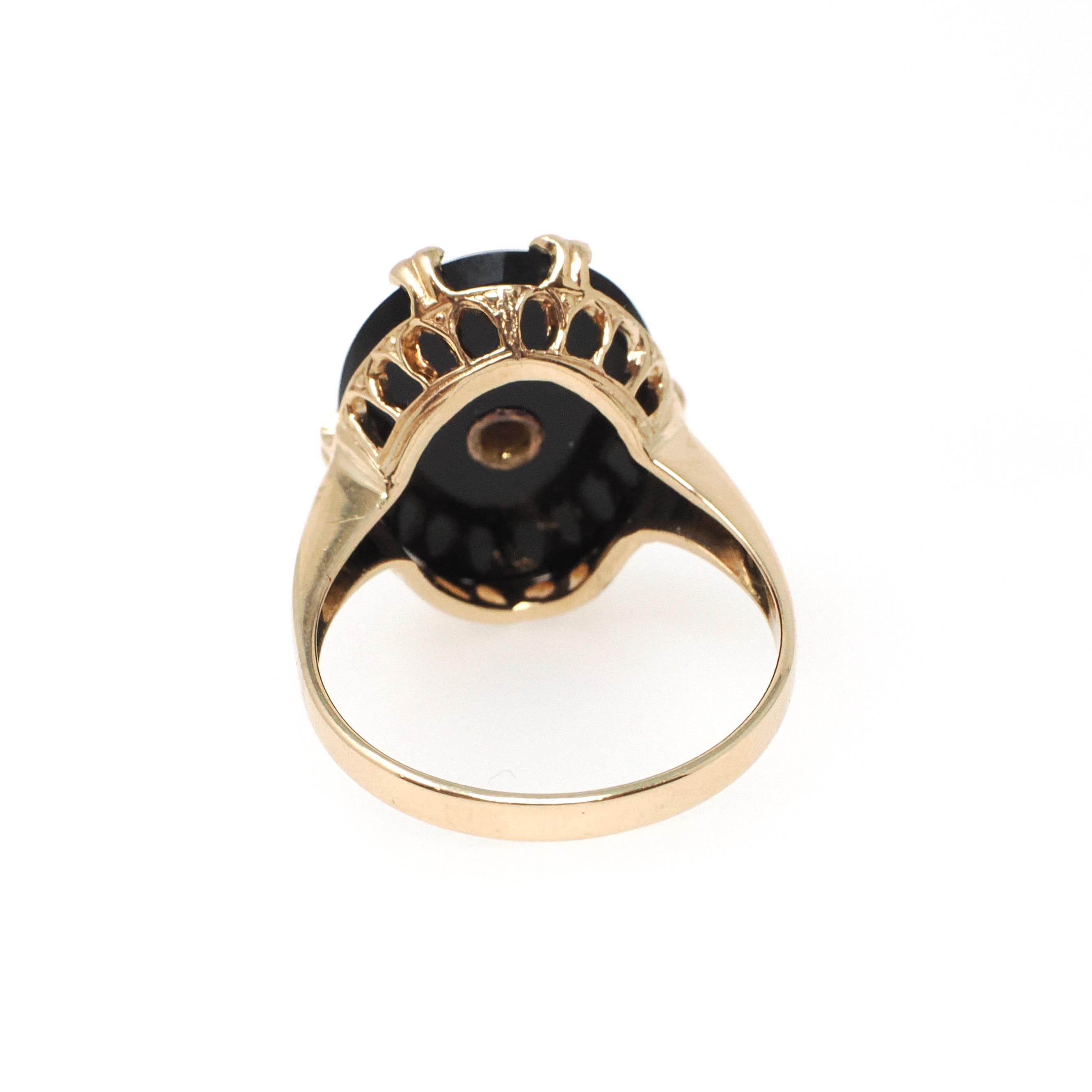 Vintage Onyx Ring - Mid Century 10k Yellow Gold Black Chalcedony & .01 CT Natural Diamond - Circa 1940s Era Size 5.5 Statement Fine Jewelry