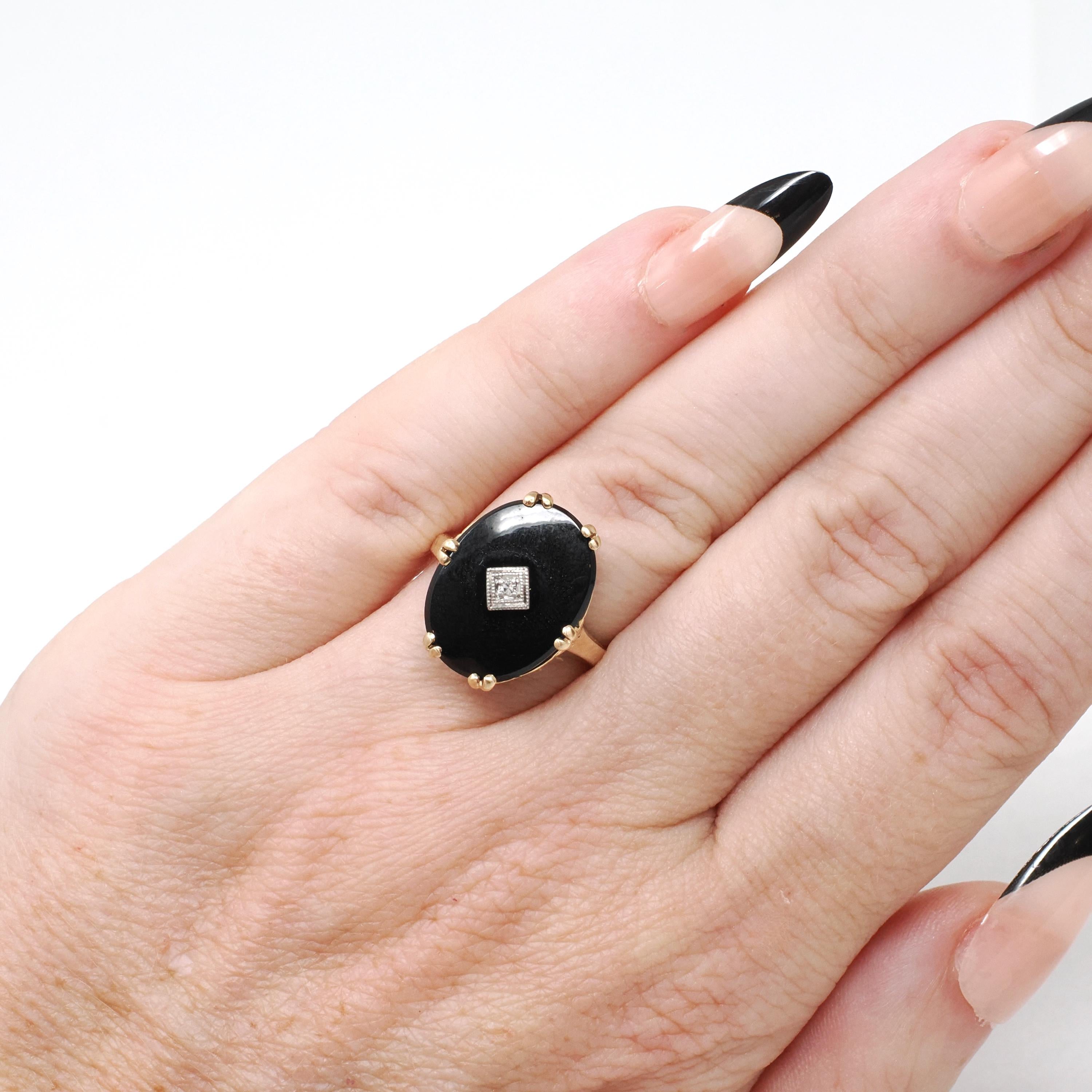 Vintage Onyx Ring - Mid Century 10k Yellow Gold Black Chalcedony & .01 CT Natural Diamond - Circa 1940s Era Size 5.5 Statement Fine Jewelry