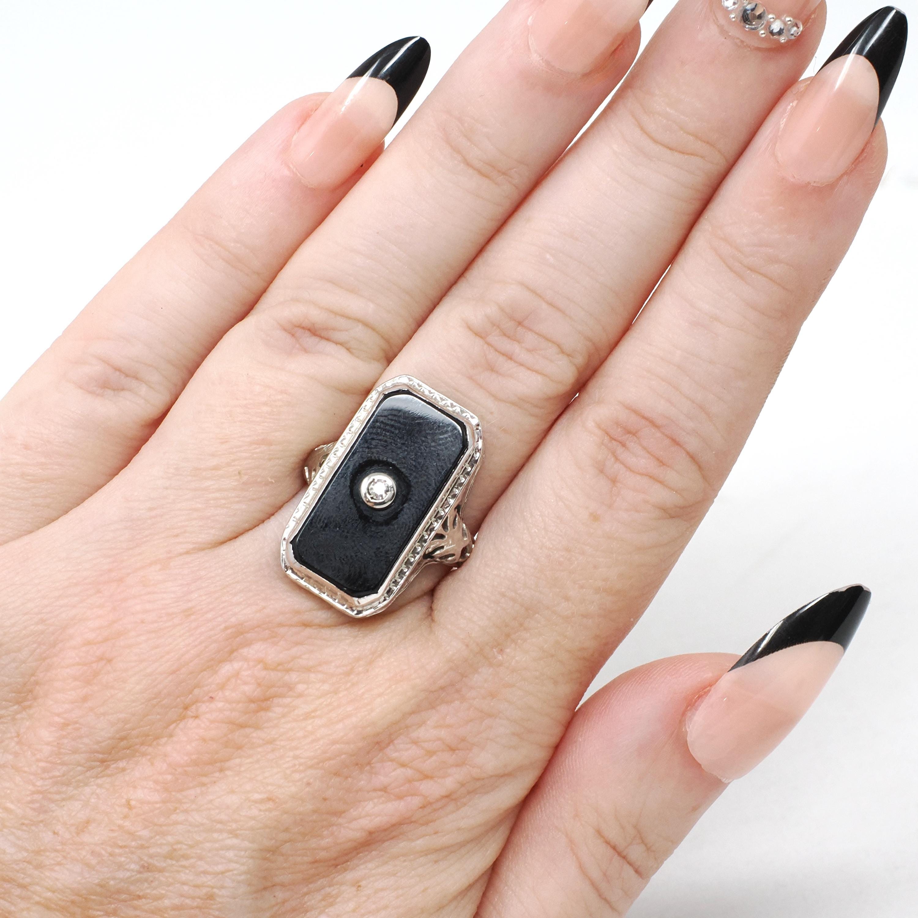 Vintage Onyx Ring - Art Deco 18k White Gold Black Chalcedony Gem - Circa 1930s Era Size 6 Natural .03 CT Diamond Filigree Fine Jewelry