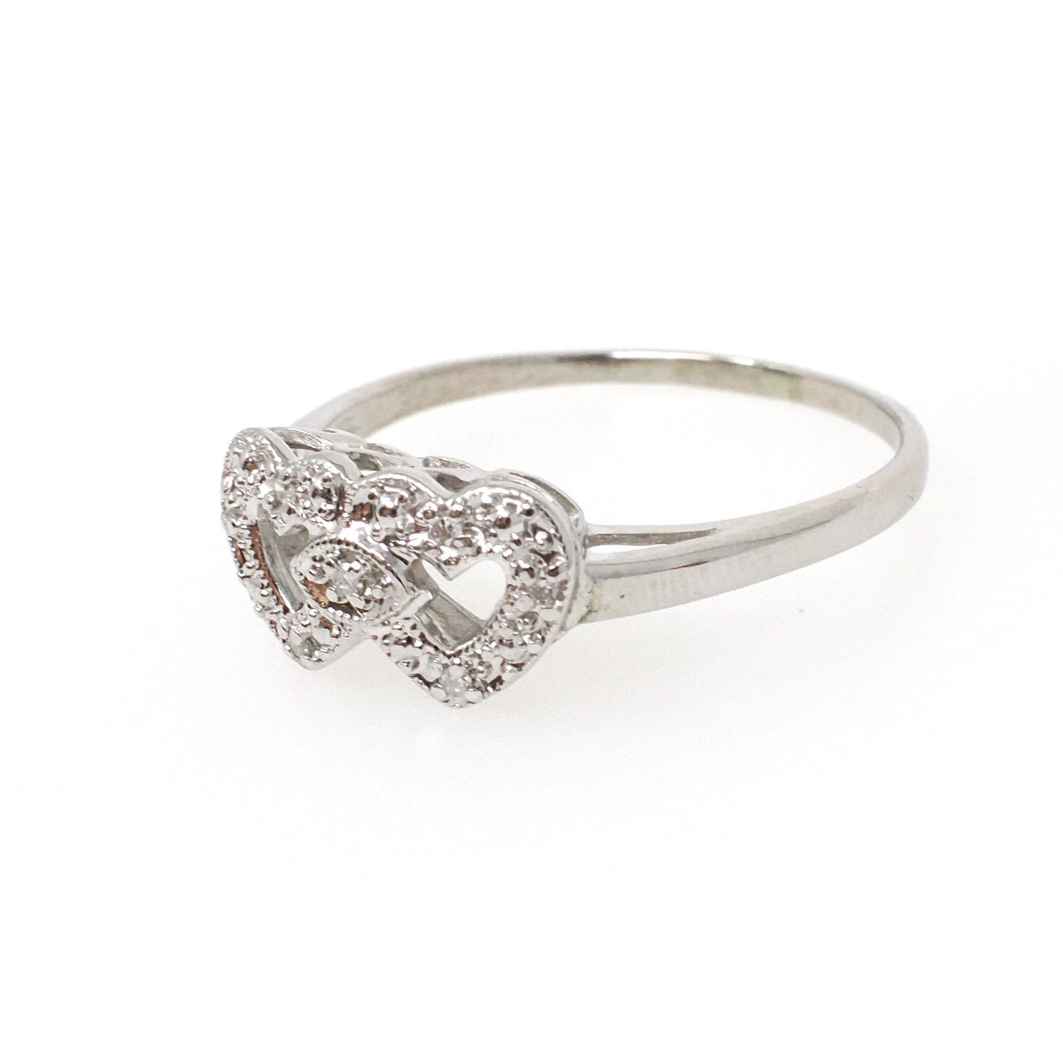 Double Heart Ring - Mid Century 14k White Gold Sweetheart Promise Love - Vintage Circa 1950s Era Size 9 1/4 Natural Diamonds Fine Jewelry