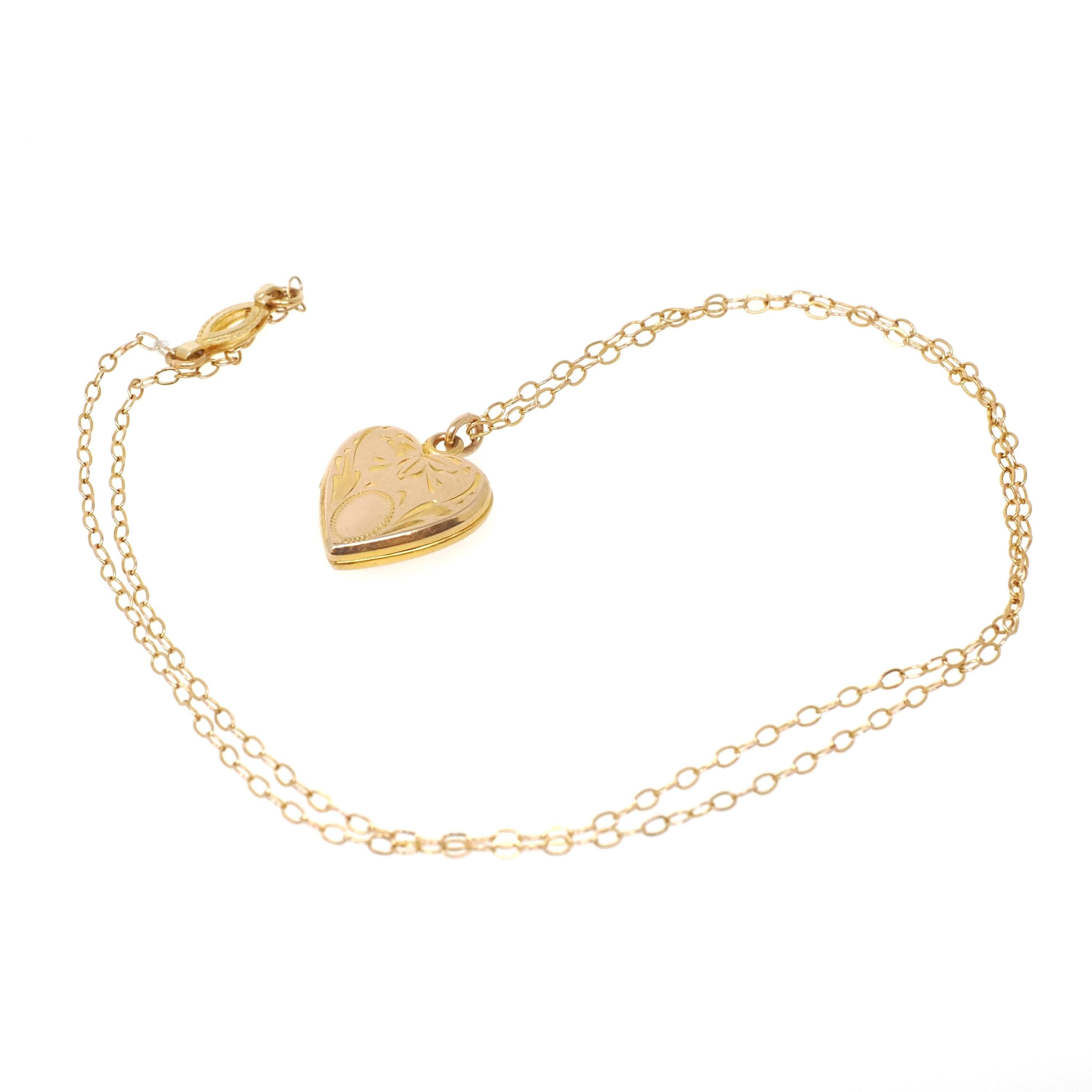 Vintage Heart Locket - Mid Century 10k Yellow Gold Engraved Bow Design Pendant Charm Necklace - Circa 1960s Era Fine Keepsake Photo Jewelry