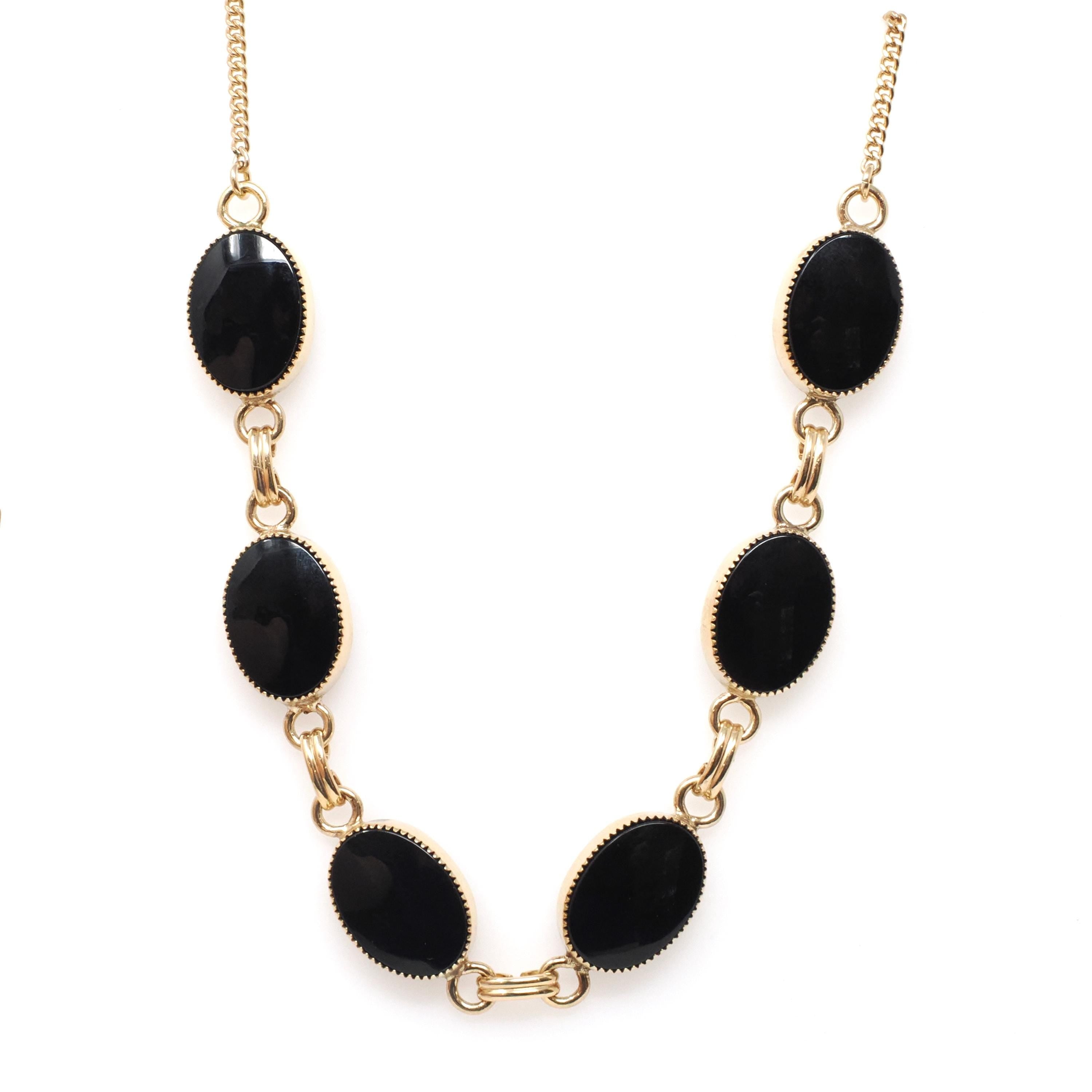 Vintage Onyx Necklace - Mid Century 12k Gold Filled Natural Oval Black Chalcedony Gemstones - Circa 1960s Era Statement 18" Inch Jewelry