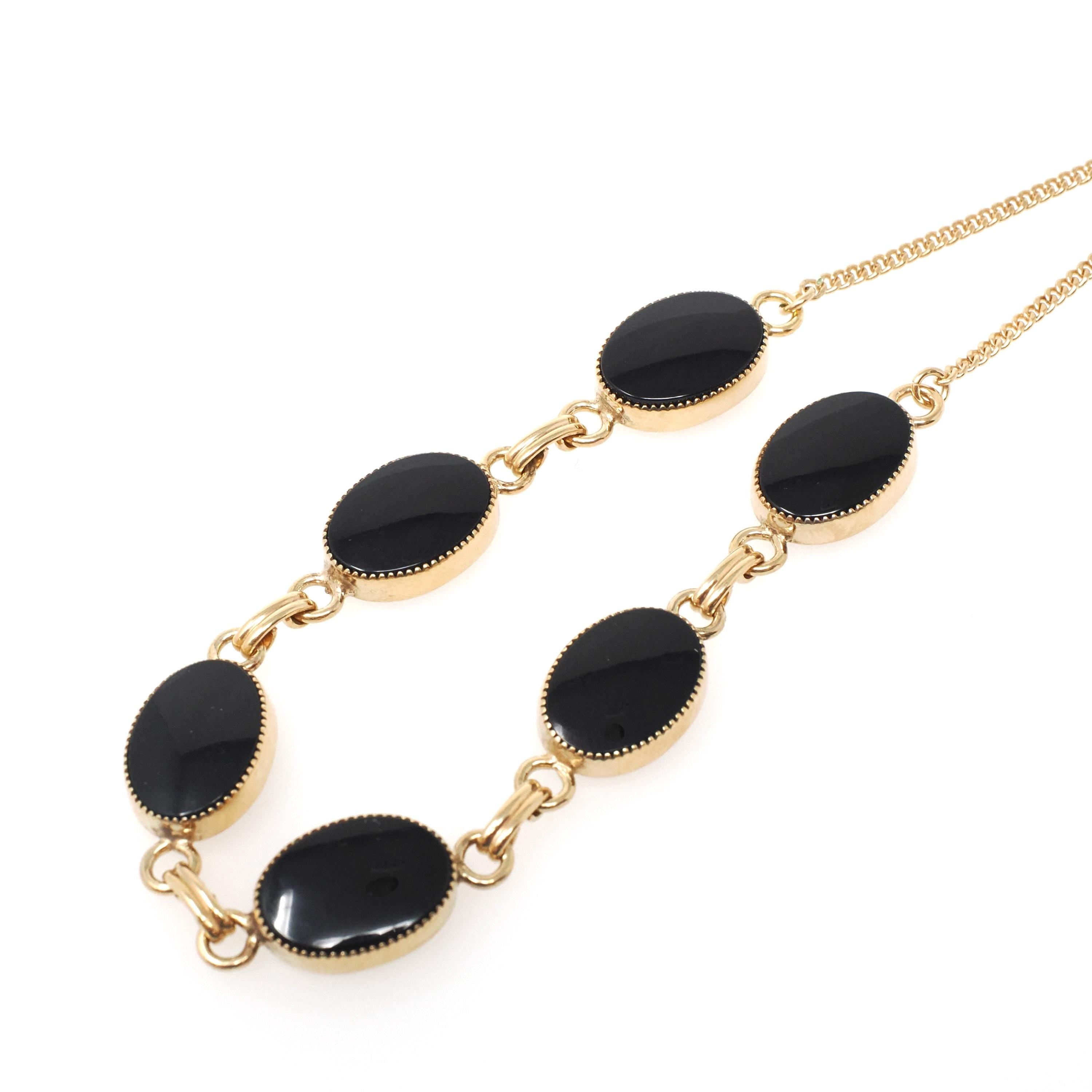 Vintage Onyx Necklace - Mid Century 12k Gold Filled Natural Oval Black Chalcedony Gemstones - Circa 1960s Era Statement 18" Inch Jewelry