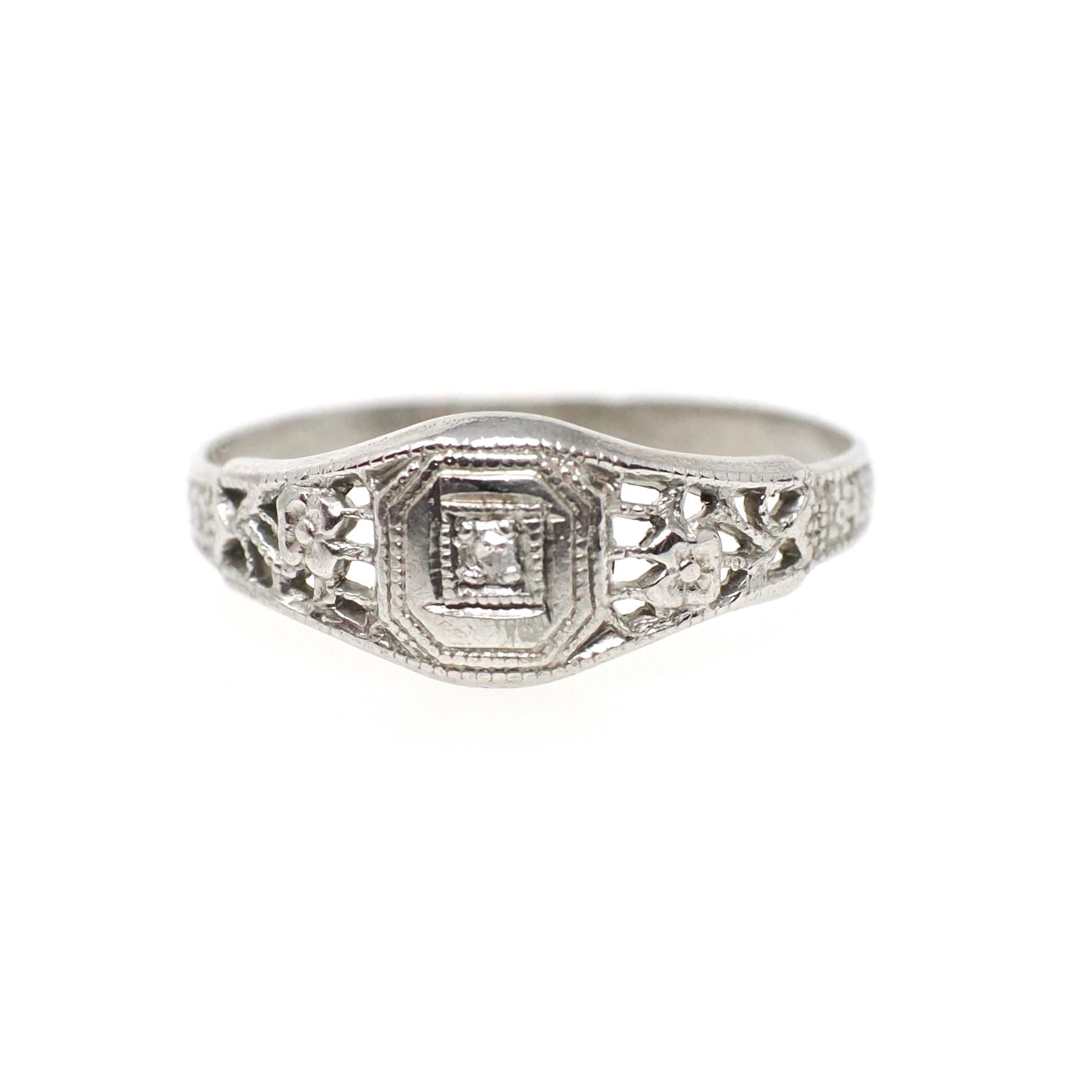 Vintage Baby Ring - Art Deco 14k White Gold Natural Diamond Flower Filigree Midi Band - Circa 1930s Era Size 3 Floral Dainty Fine Jewelry