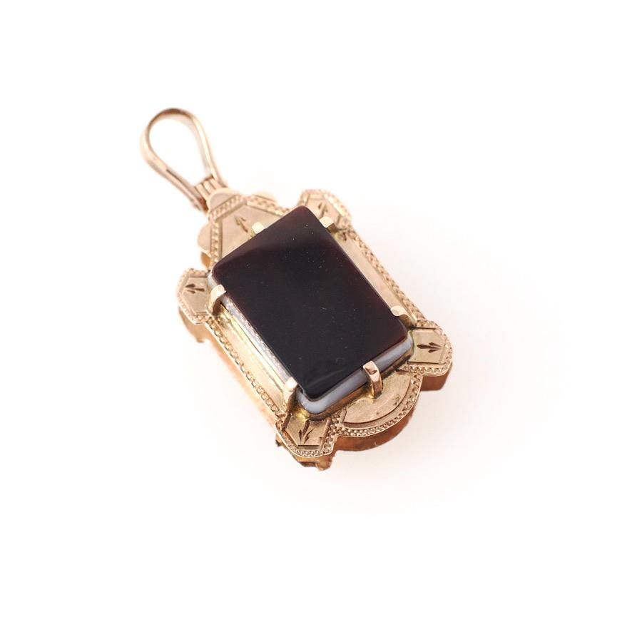 Antique Sardonyx Locket - Victorian 10k Rose Gold Brown Red And White Double Sided Pendant - Circa 1880s Era Fob Fine Dog Photo Jewelry
