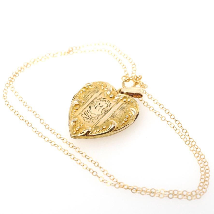 Letter "M" Locket - Retro 10k Gold Filled Engraved Single Initial Heart Pendant Necklace - Circa 1940s Statement Keepsake Photograph Jewelry