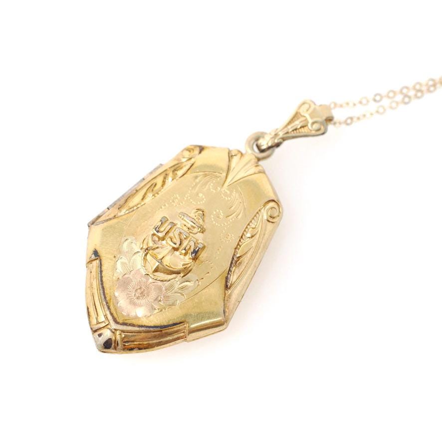 Vintage USN Locket - Retro 12k Gold Filled United States Navy Pendant Necklace - Circa 1940s Era Anchor Sweetheart Flower Keepsake Jewelry