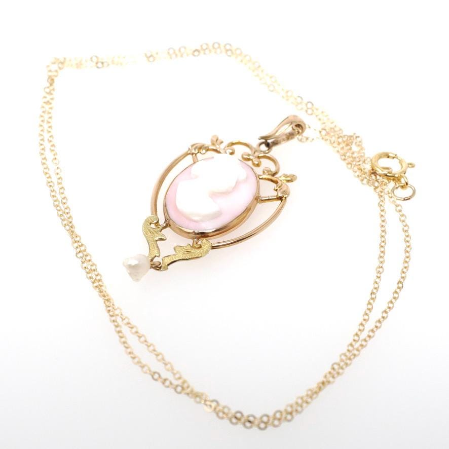 Antique Cameo Necklace - Edwardian 10k Yellow Gold Carved Angel Skin Coral Pendant - Vintage Circa 1910s Era Baroque Pearl Fine Jewelry