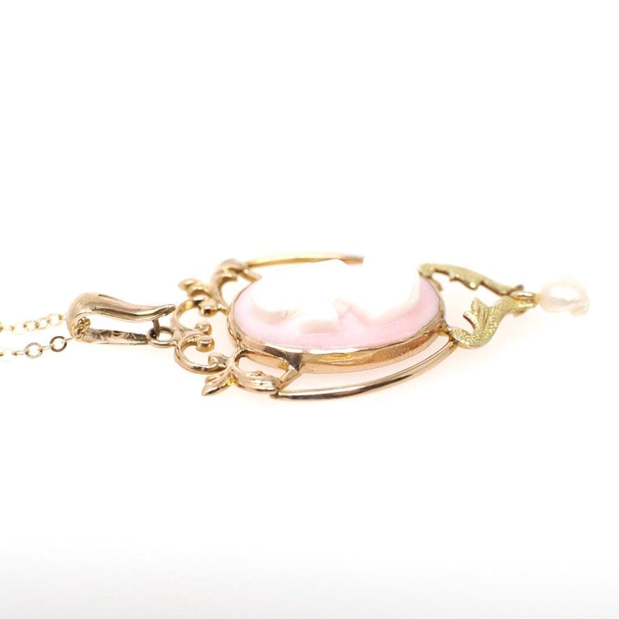 Antique Cameo Necklace - Edwardian 10k Yellow Gold Carved Angel Skin Coral Pendant - Vintage Circa 1910s Era Baroque Pearl Fine Jewelry