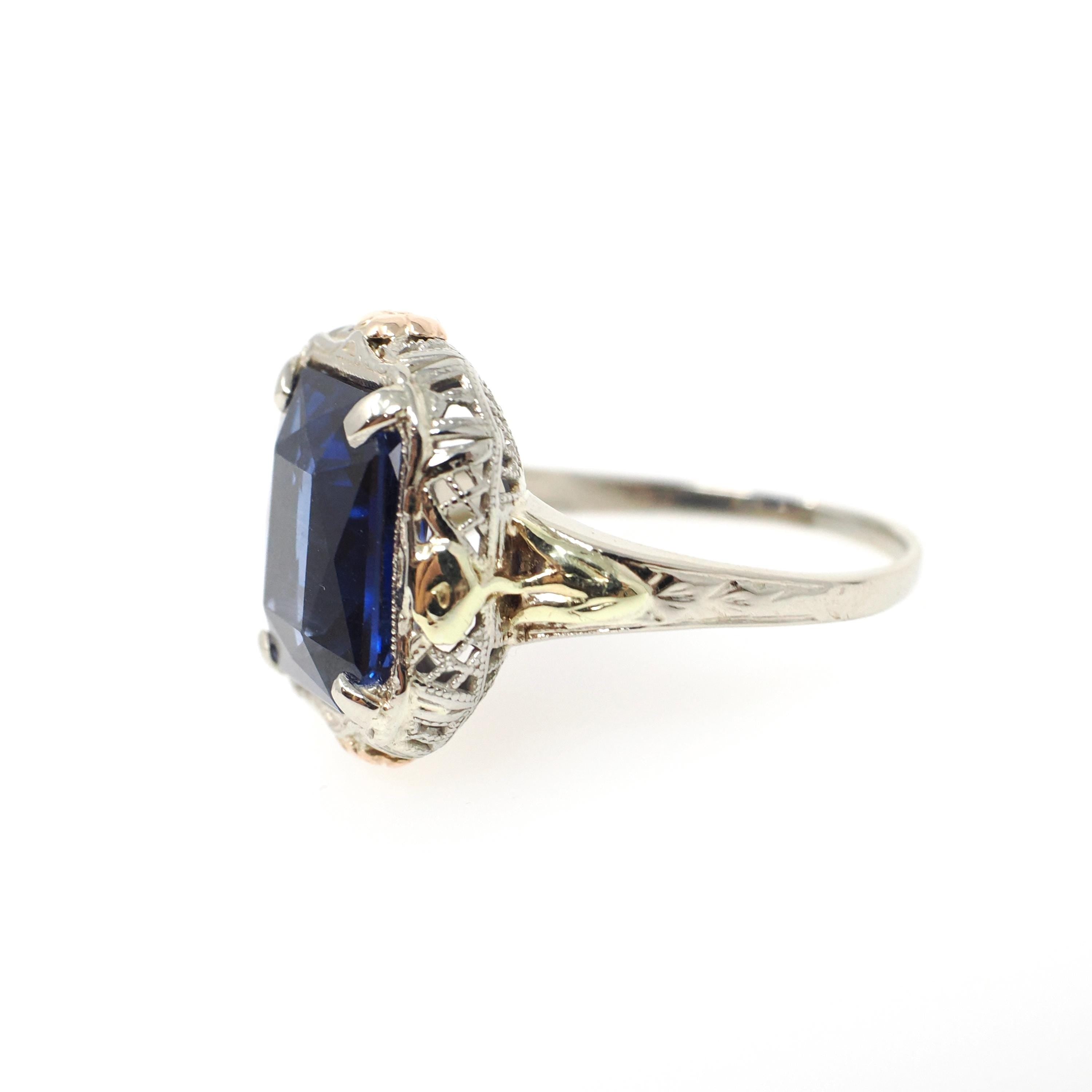 Art Deco Ring - Vintage 14k White Yellow Rose Gold Created Blue Sapphire Solitaire - Circa 1930s Era Size 7 1/2 Floral Filigree Fine Jewelry
