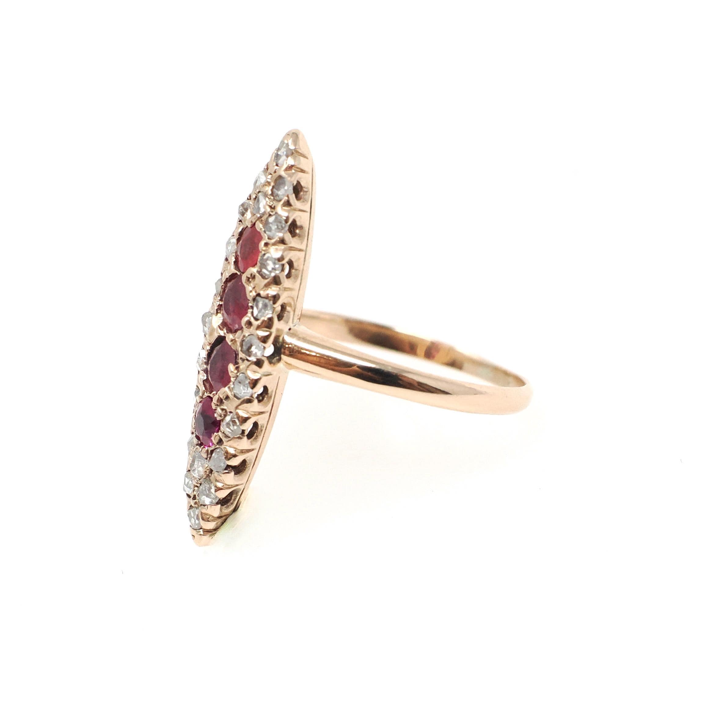 Antique Navette Ring - Edwardian 10k Rose Gold Garnet Glass Doublet Natural Rose Diamonds - Vintage Early 1900s Era Size 4 1/4 Fine Jewelry