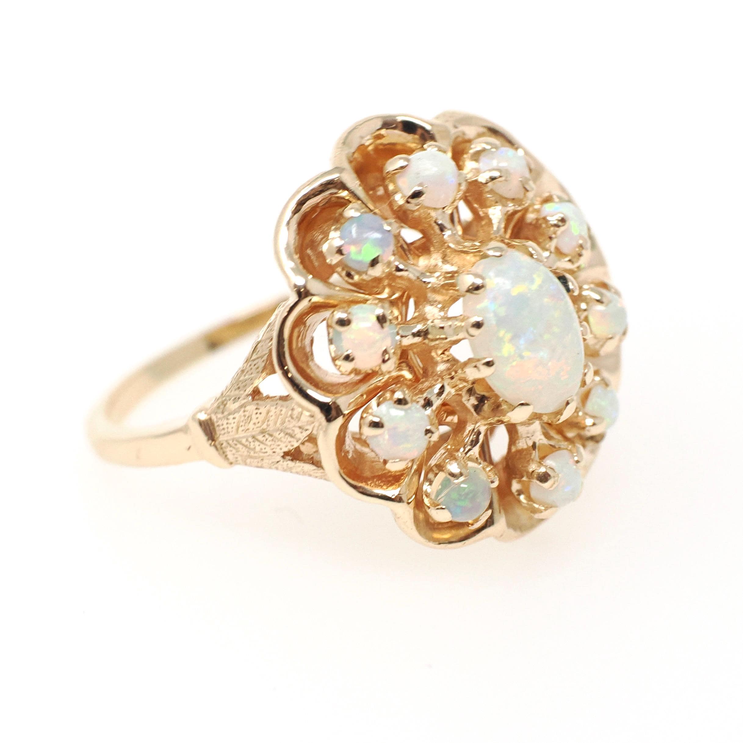 Vintage Opal Cluster Ring - Modernist 14k Yellow Gold Natural Cabochon Cut Gemstone - Circa 1970s Size 7 1/4 Halo Flower Floral Fine Jewelry