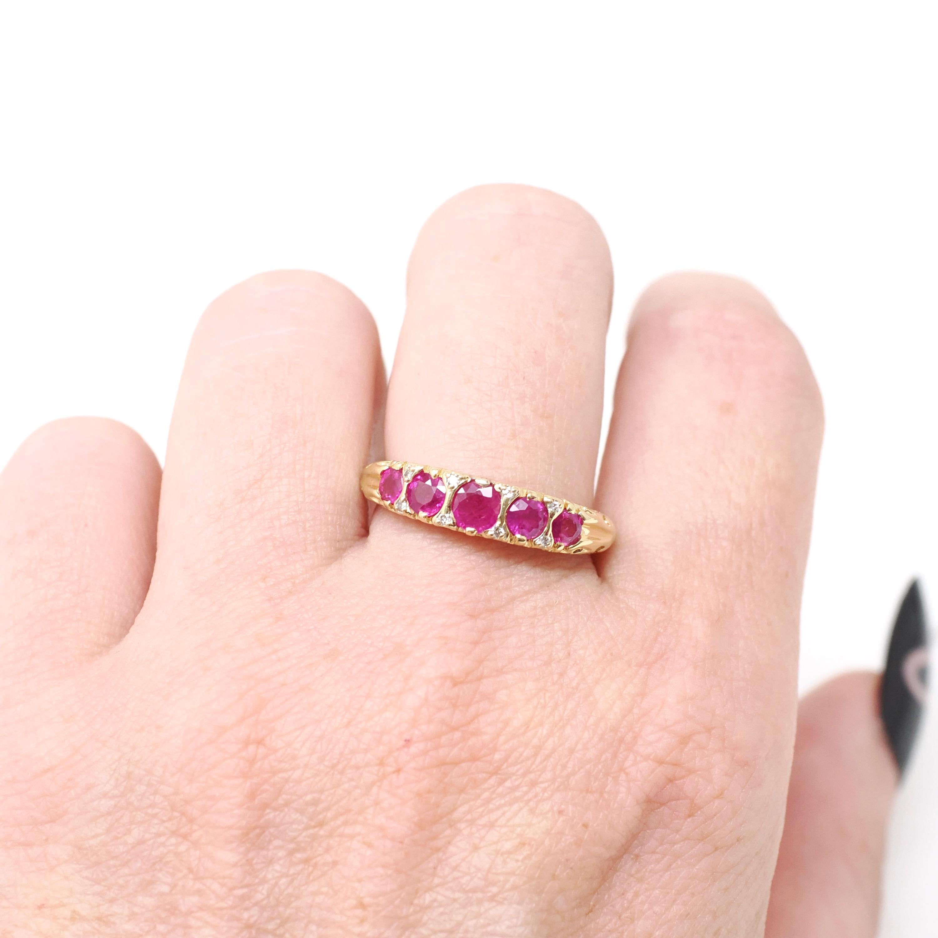 Ruby & Diamond Ring - Modern 18k Yellow Gold Natural Gemstone Wedding Band - Edwardian Style Reproduction Circa 2000s Size 8 Fine Jewelry