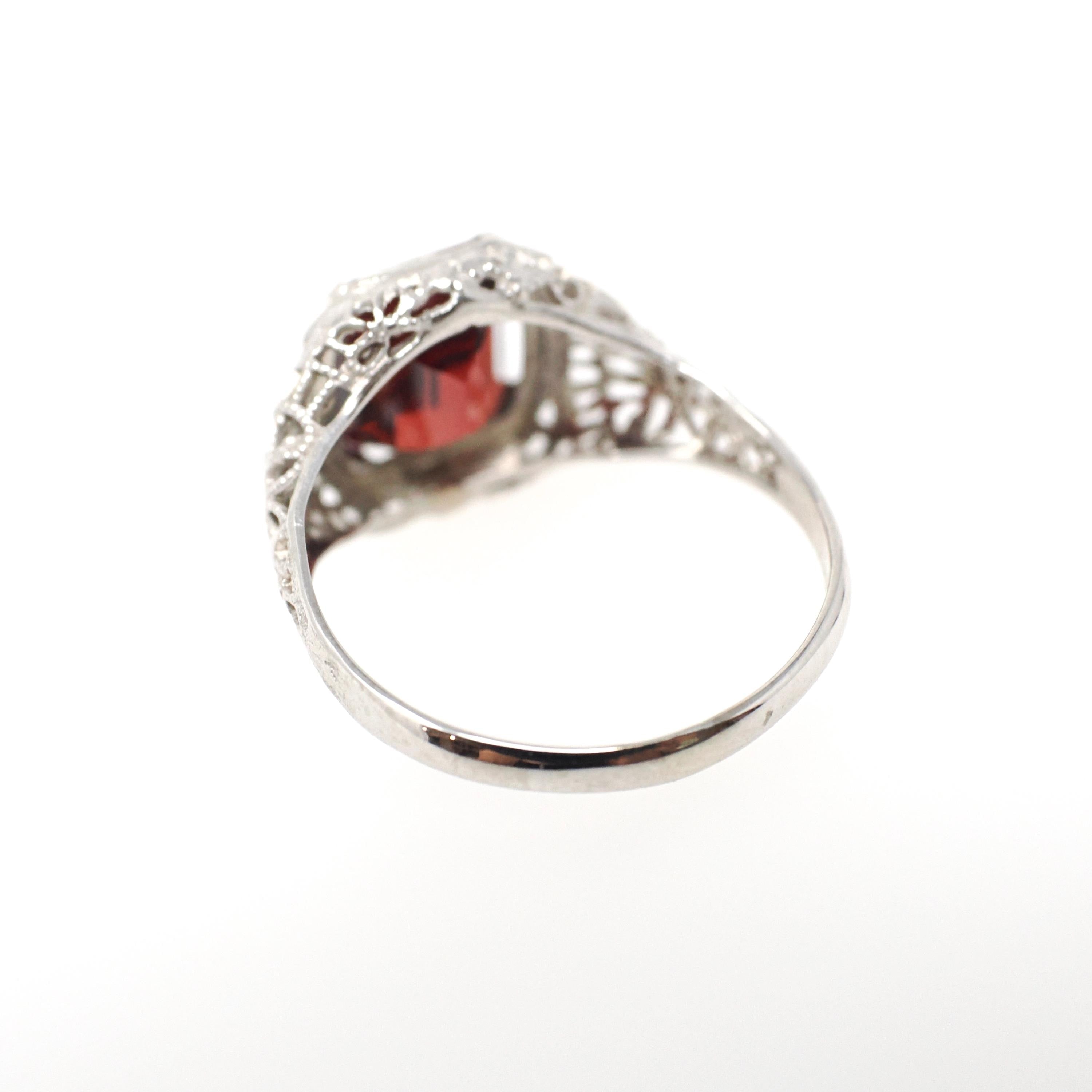 Vintage Garnet Ring - Art Deco 14k White Gold Natural Dark Red Emerald Cut Gem - Circa 1930s Size 5 January Birthstone Filigree Fine Jewelry