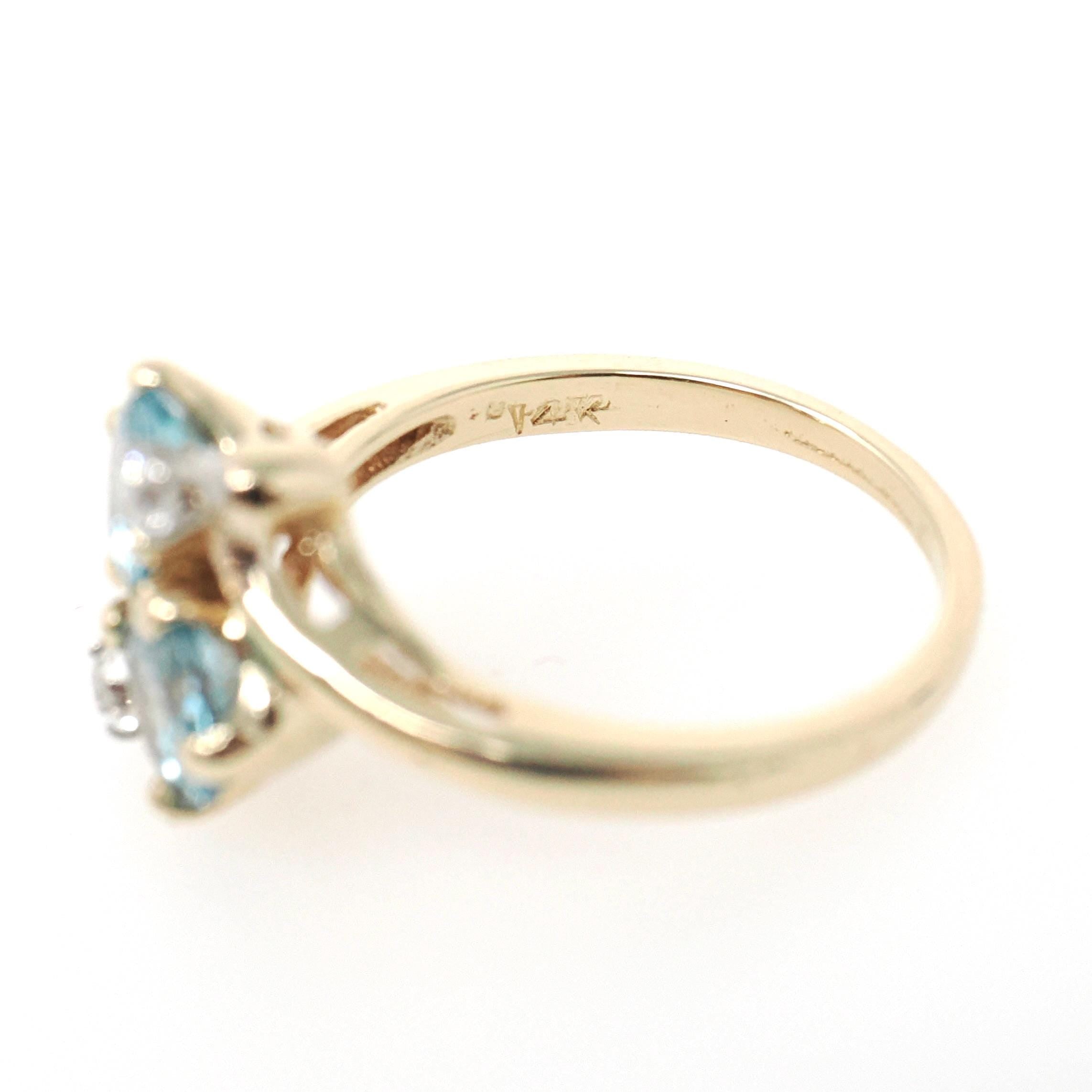 Vintage Toi et Moi Ring - Retro 14k Yellow Gold Natural Blue Zircon Diamonds Gemstones Bypass - Circa 1940s Size 5 1/2 December Fine Jewelry