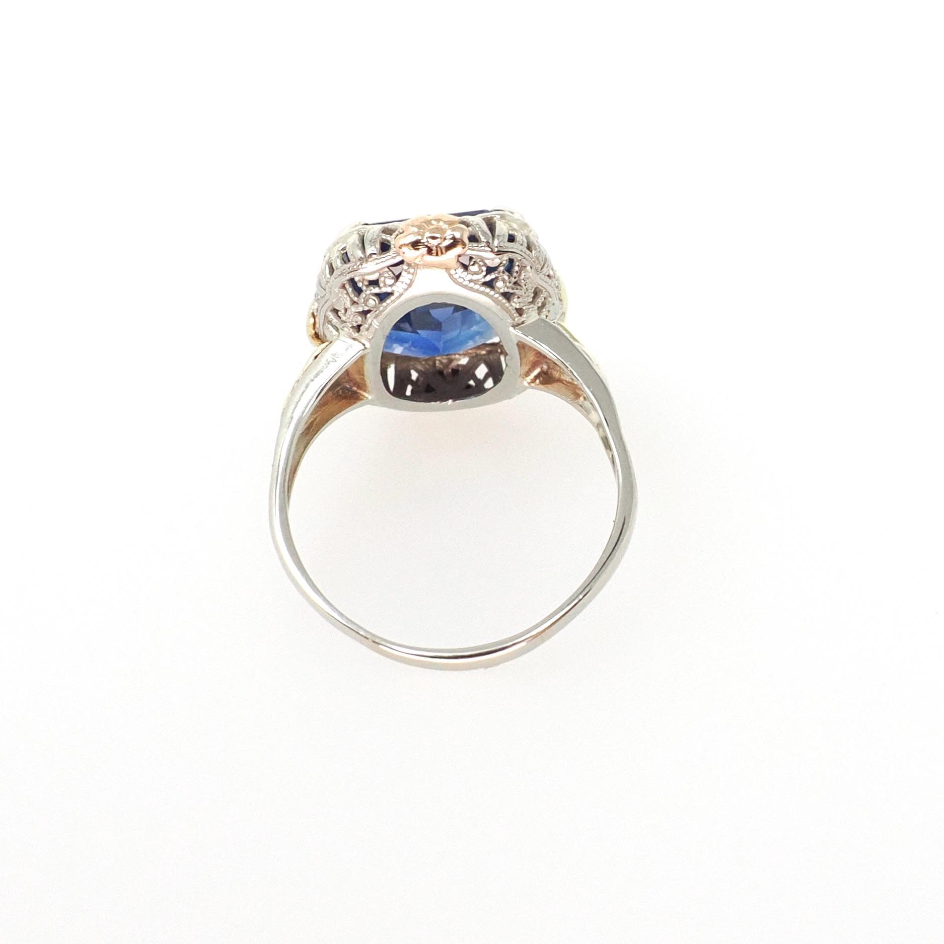 Art Deco Ring - Vintage 14k White Yellow Rose Gold Created Blue Sapphire Solitaire - Circa 1930s Era Size 7 1/2 Floral Filigree Fine Jewelry