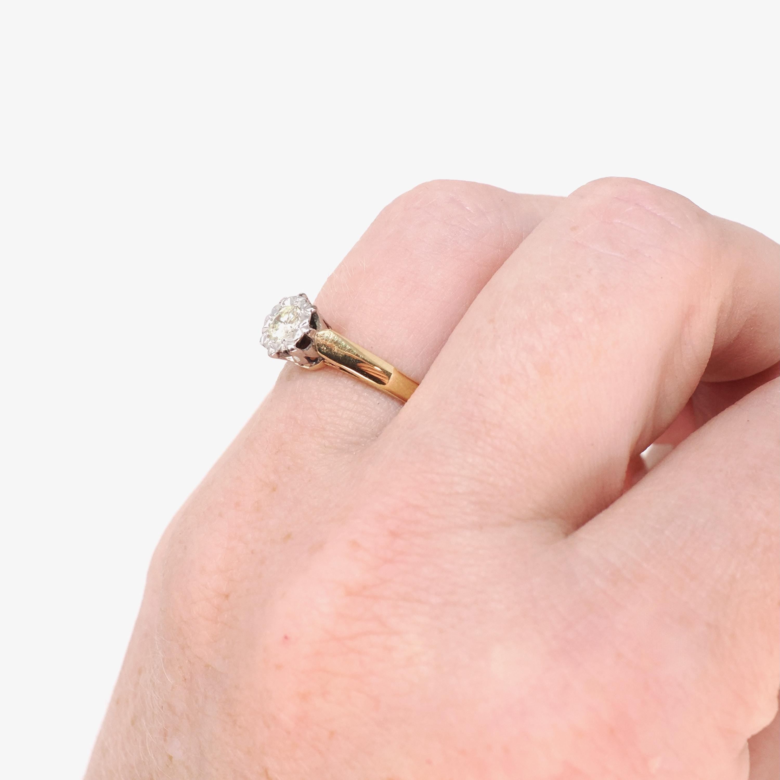 Star Incised Diamond Ring - Modernist 18k Yellow & White Gold Natural .21 CT Solitaire - Hallmarked 1966 Size 4 3/4 Fine London Jewelry