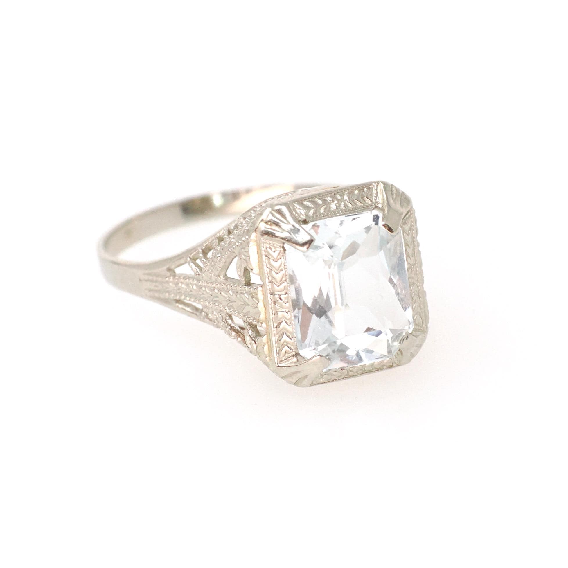 Vintage Aquamarine Ring - Art Deco 14k White Gold French Cut Natural Blue 1.20 CT Gem - Circa 1930s Era Size 6 1/4 Filigree Fine OB Jewelry