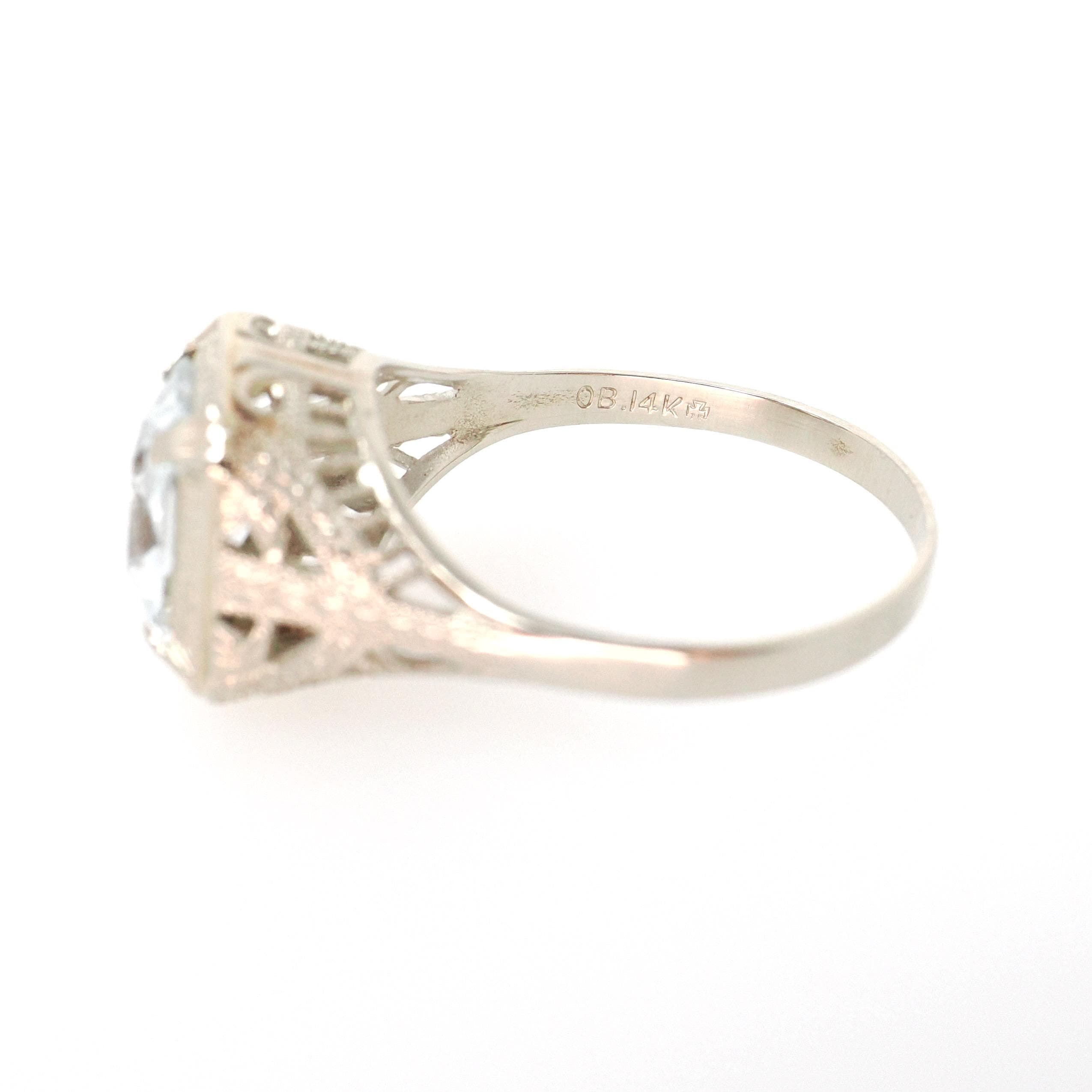 Vintage Aquamarine Ring - Art Deco 14k White Gold French Cut Natural Blue 1.20 CT Gem - Circa 1930s Era Size 6 1/4 Filigree Fine OB Jewelry