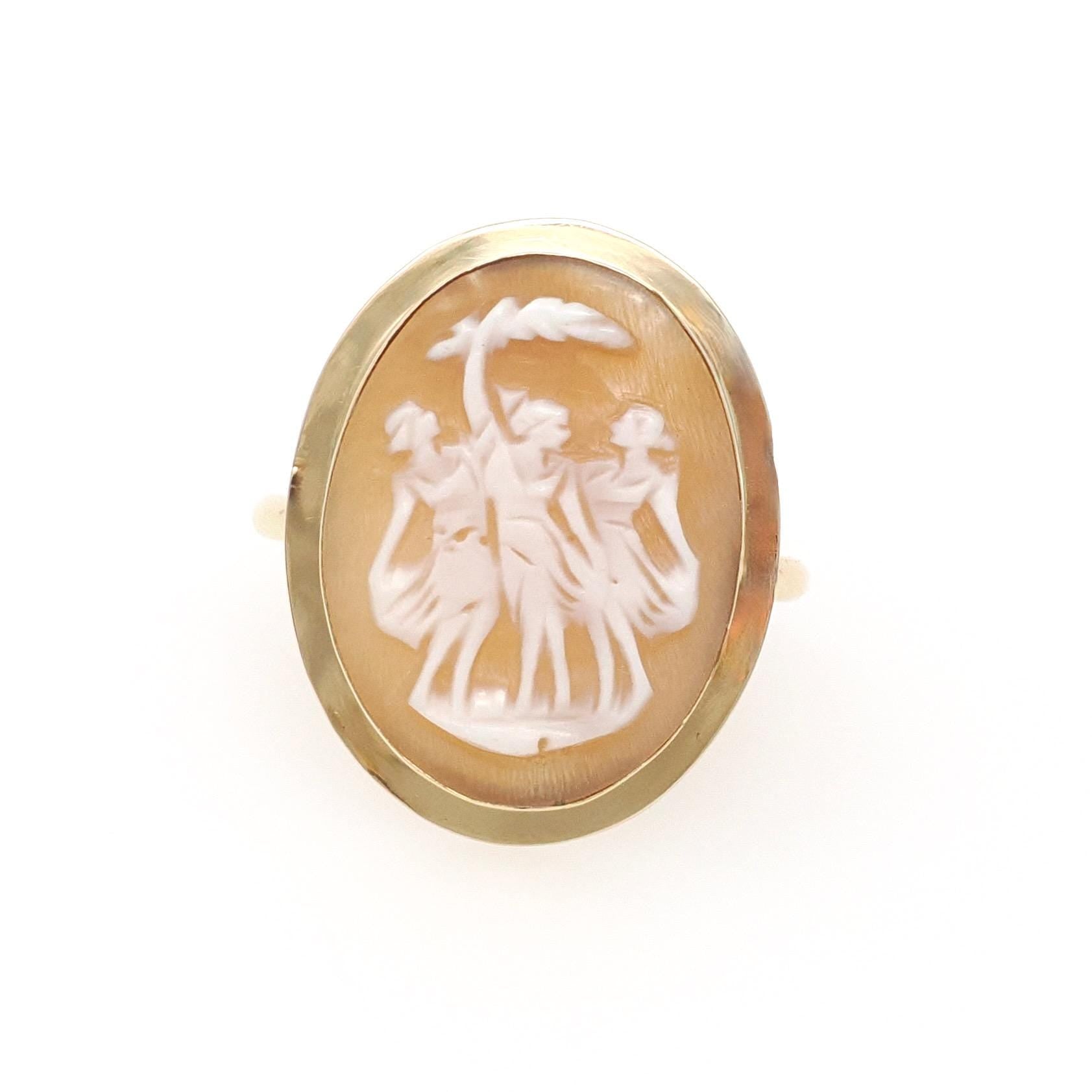 Vintage Three Graces Cameo Ring - Mid Century 18k Yellow Gold Carved Shell Greek Mythology Solitaire - Circa 1960s Size 6 3/4 Fine Jewelry