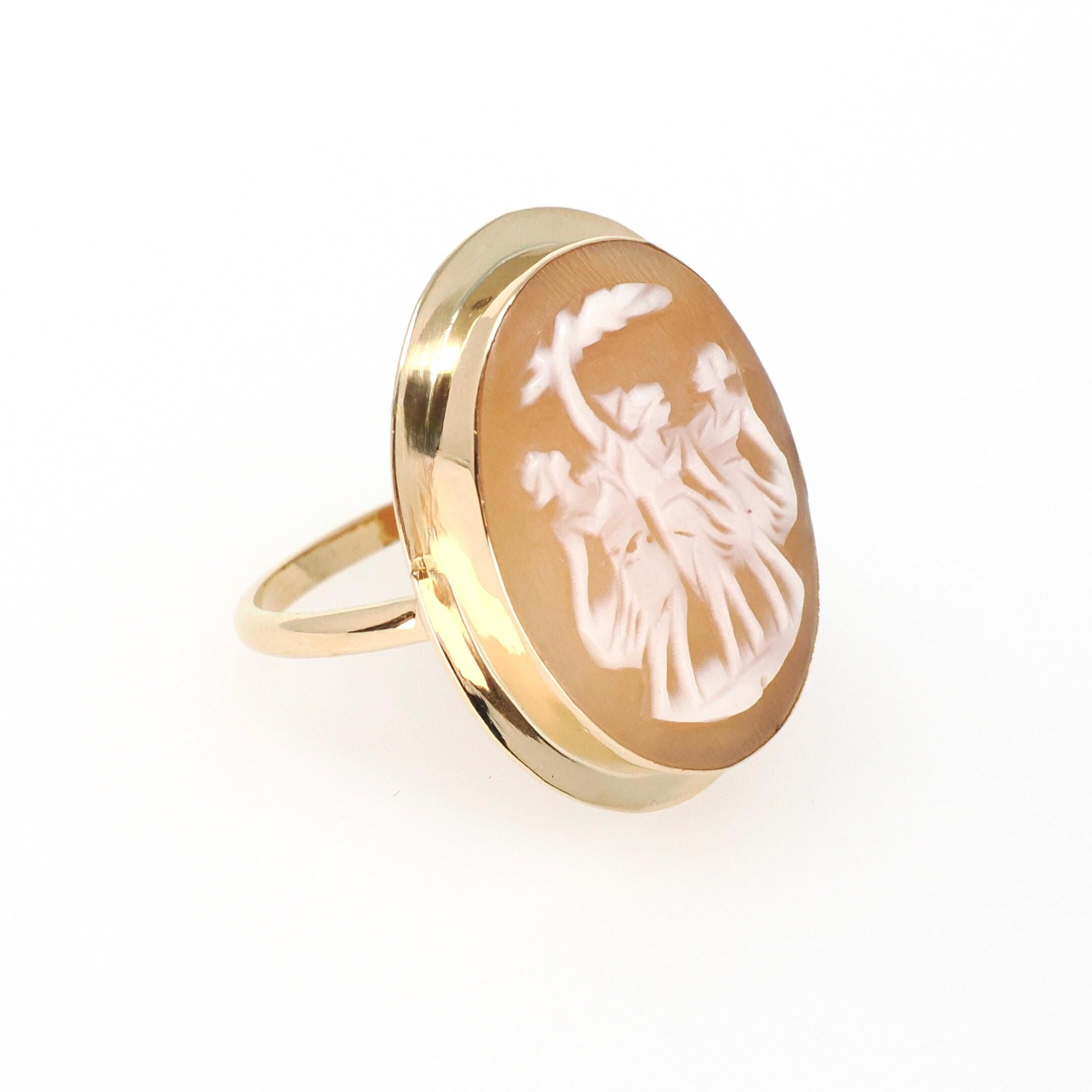 Vintage Three Graces Cameo Ring - Mid Century 18k Yellow Gold Carved Shell Greek Mythology Solitaire - Circa 1960s Size 6 3/4 Fine Jewelry