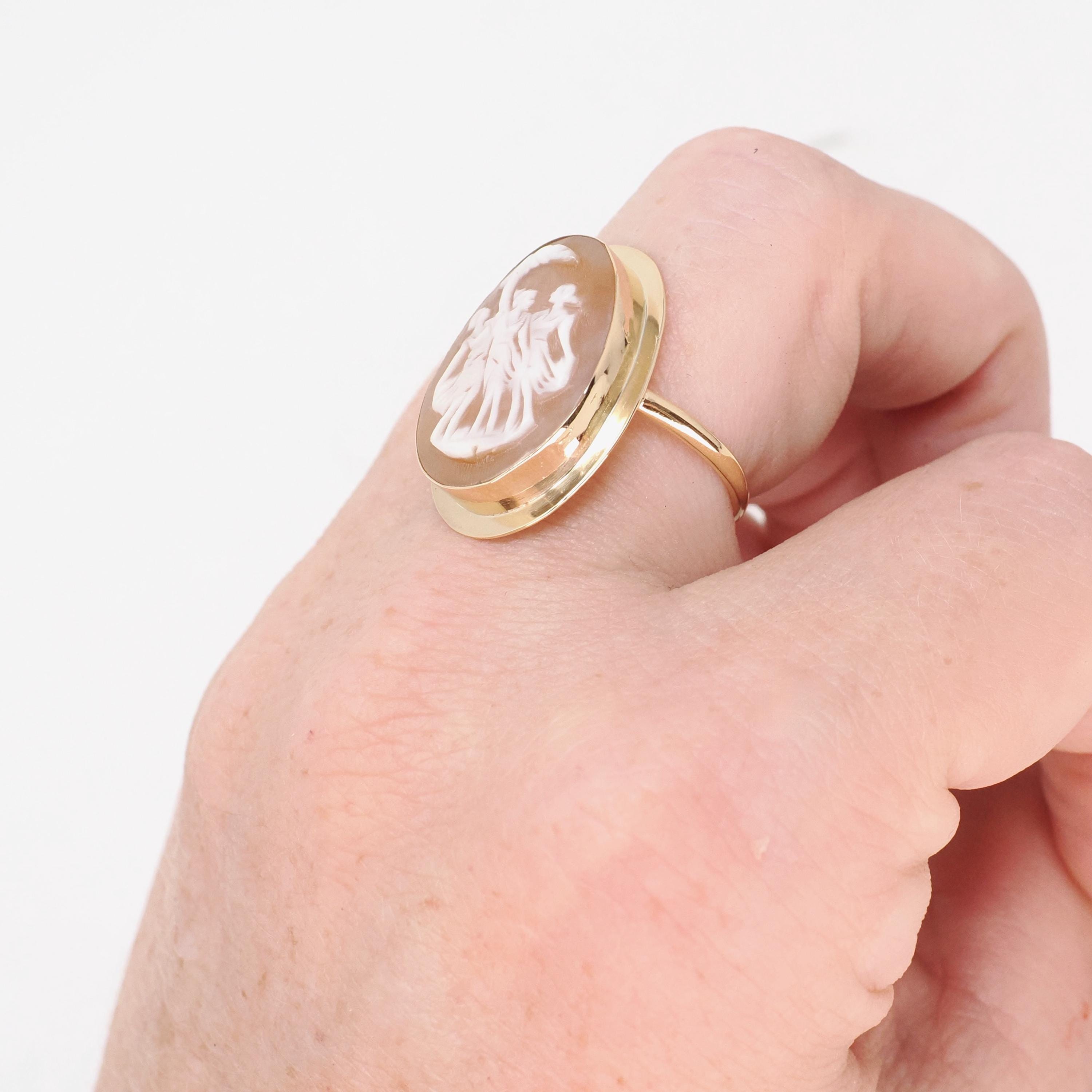 Vintage Three Graces Cameo Ring - Mid Century 18k Yellow Gold Carved Shell Greek Mythology Solitaire - Circa 1960s Size 6 3/4 Fine Jewelry