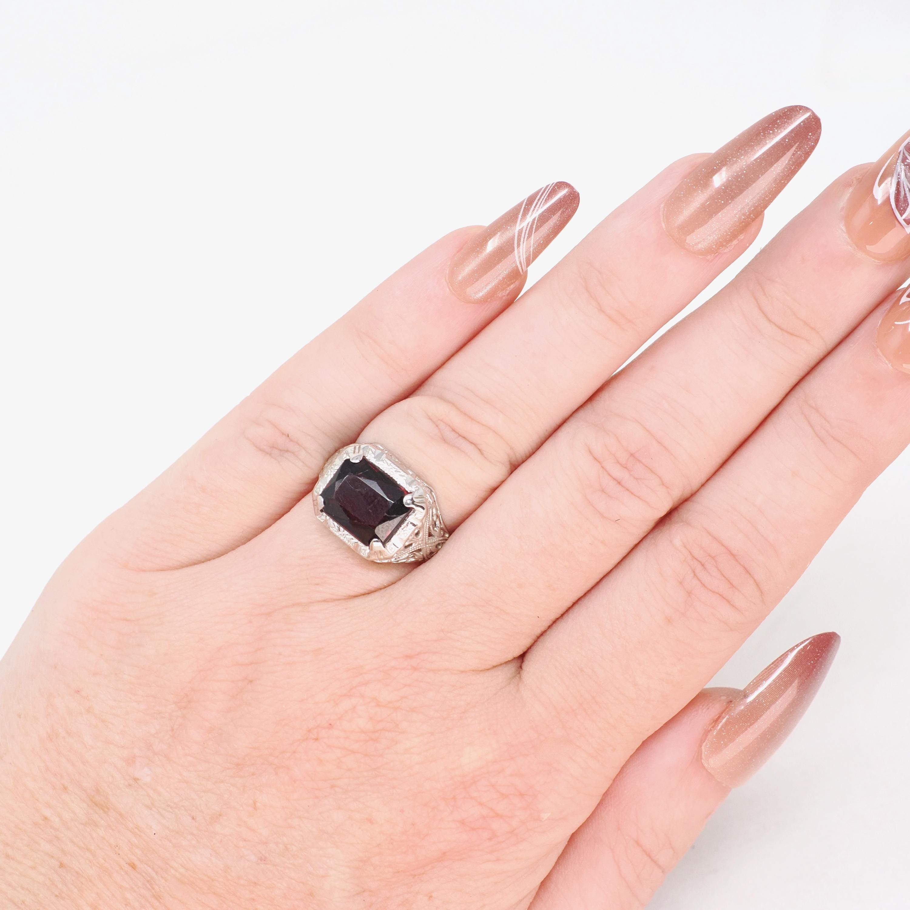 Vintage Garnet Ring - Art Deco 14k White Gold Natural Red Gemstone - Circa 1930s Era Size 4 1/2 January Birthstone Filigree Fine Jewelry
