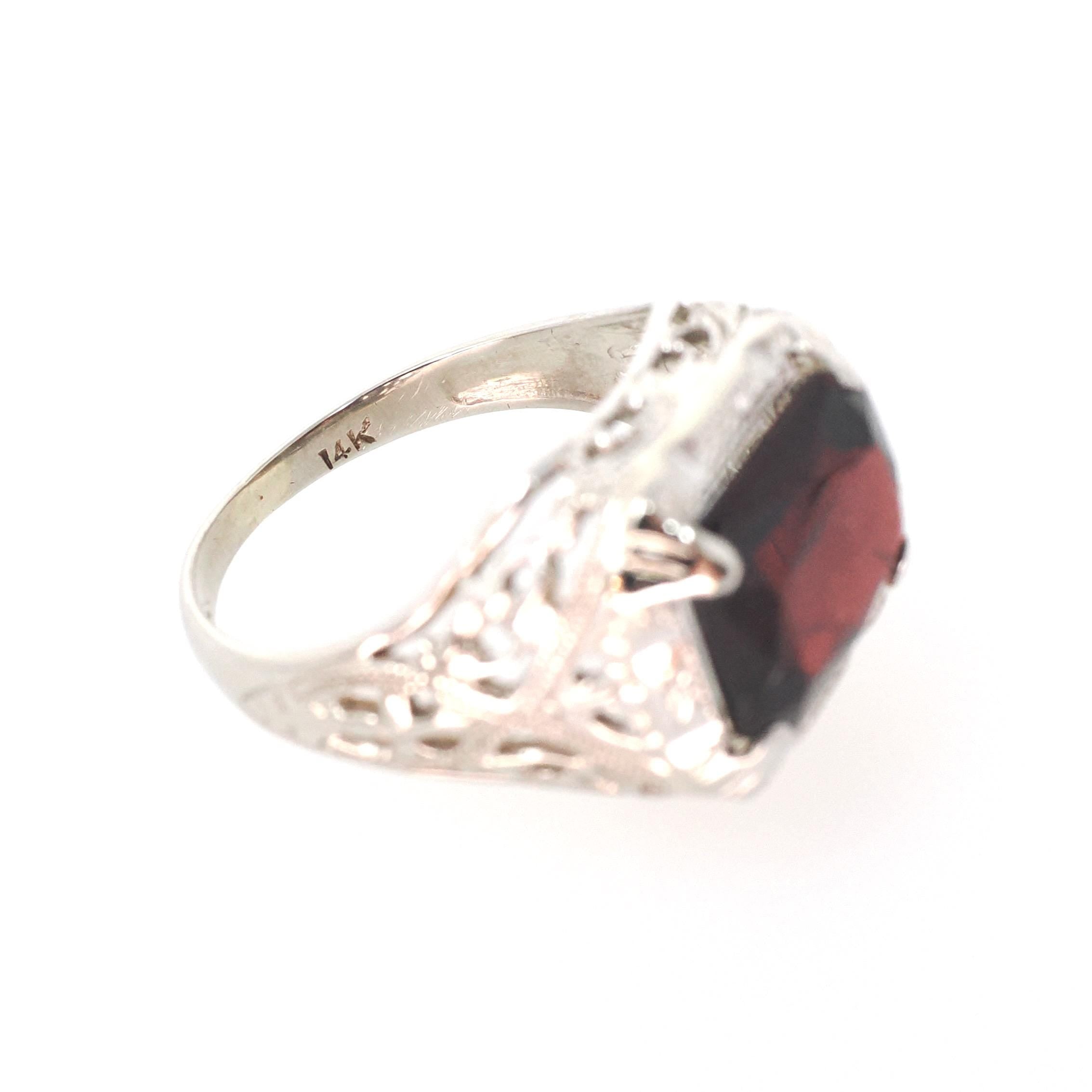 Vintage Garnet Ring - Art Deco 14k White Gold Natural Red Gemstone - Circa 1930s Era Size 4 1/2 January Birthstone Filigree Fine Jewelry