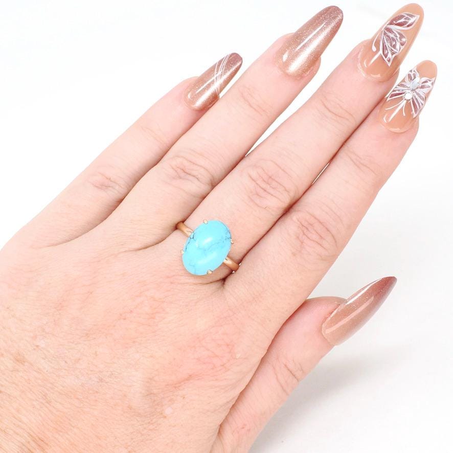 Vintage Turquoise Ring - Mid Century 14k Rosy Yellow Gold Blue Oval Cabochon Cut Gemstone Solitaire - Circa 1950s Size 6 3/4 Fine Jewelry