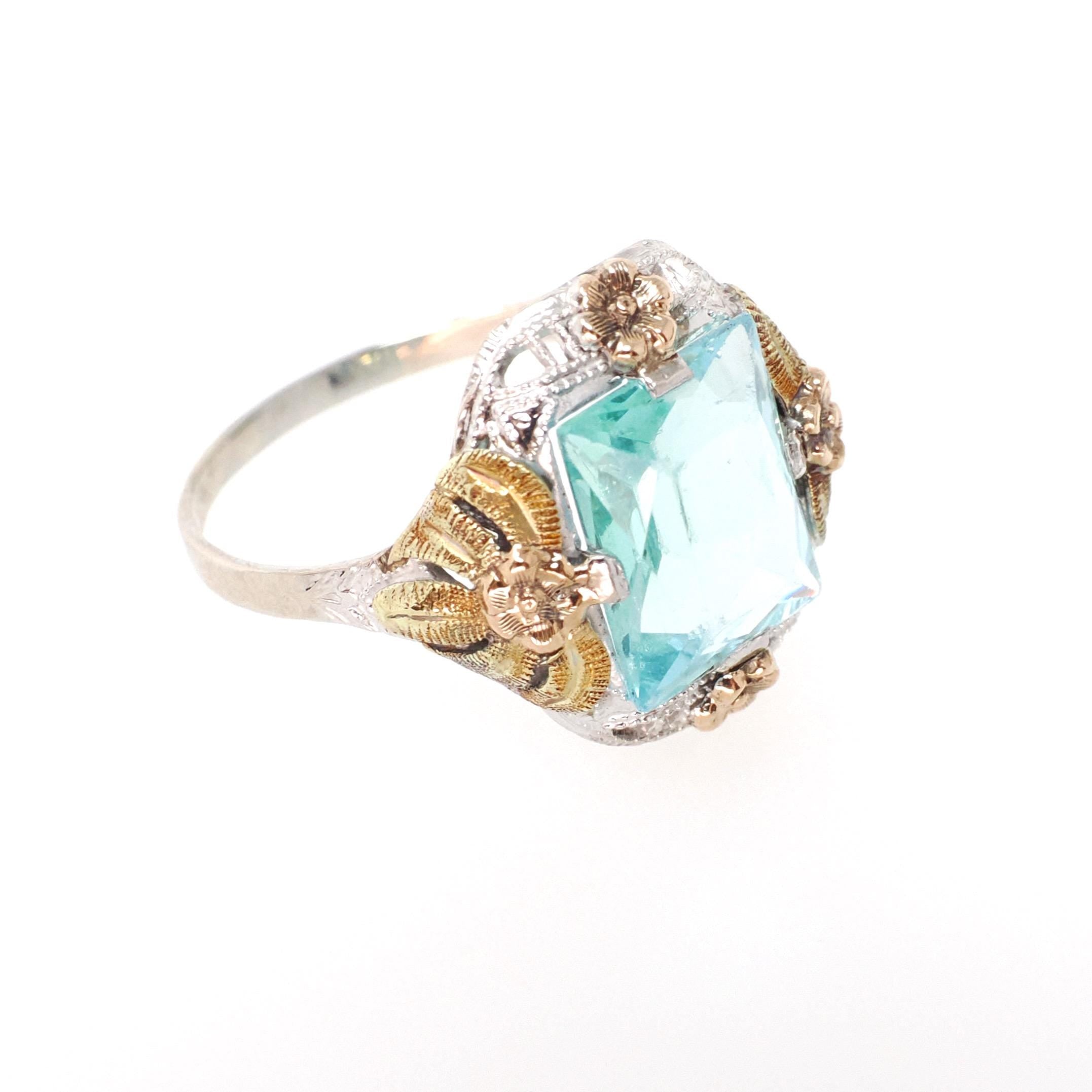Art Deco Tri Tone Ring - Vintage 10k White Yellow Rose Gold Teal Blue Glass Filigree Statement - Circa 1930s Era Size 7 Flower Fine Jewelry