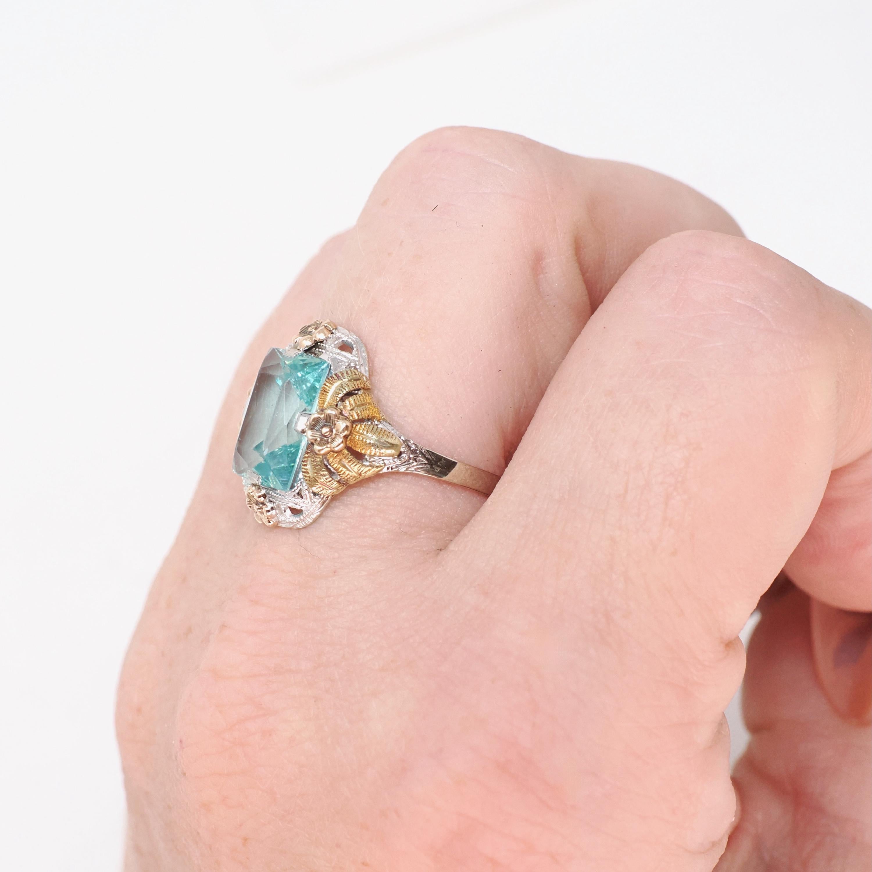 Art Deco Tri Tone Ring - Vintage 10k White Yellow Rose Gold Teal Blue Glass Filigree Statement - Circa 1930s Era Size 7 Flower Fine Jewelry