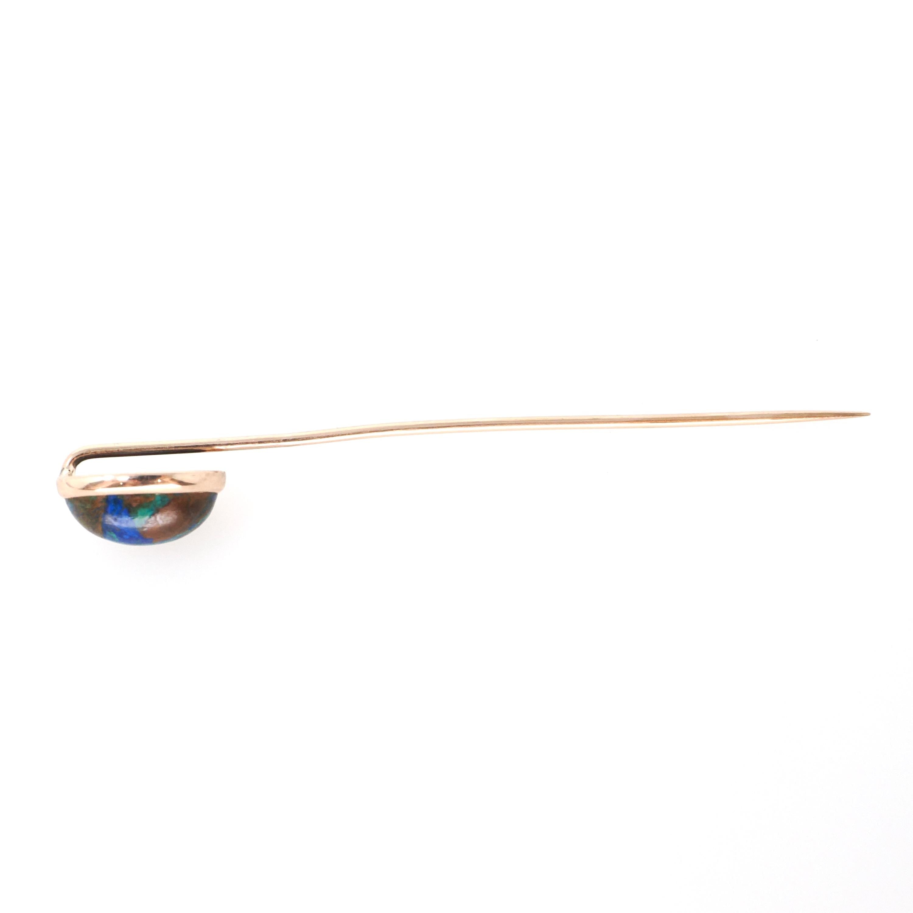 Antique Stick Pin - Victorian 14k Rosy Yellow Gold Natural Azurmalachite Gemstone Lapel Cravat Brooch - Circa 1890s Fine Statement Jewelry