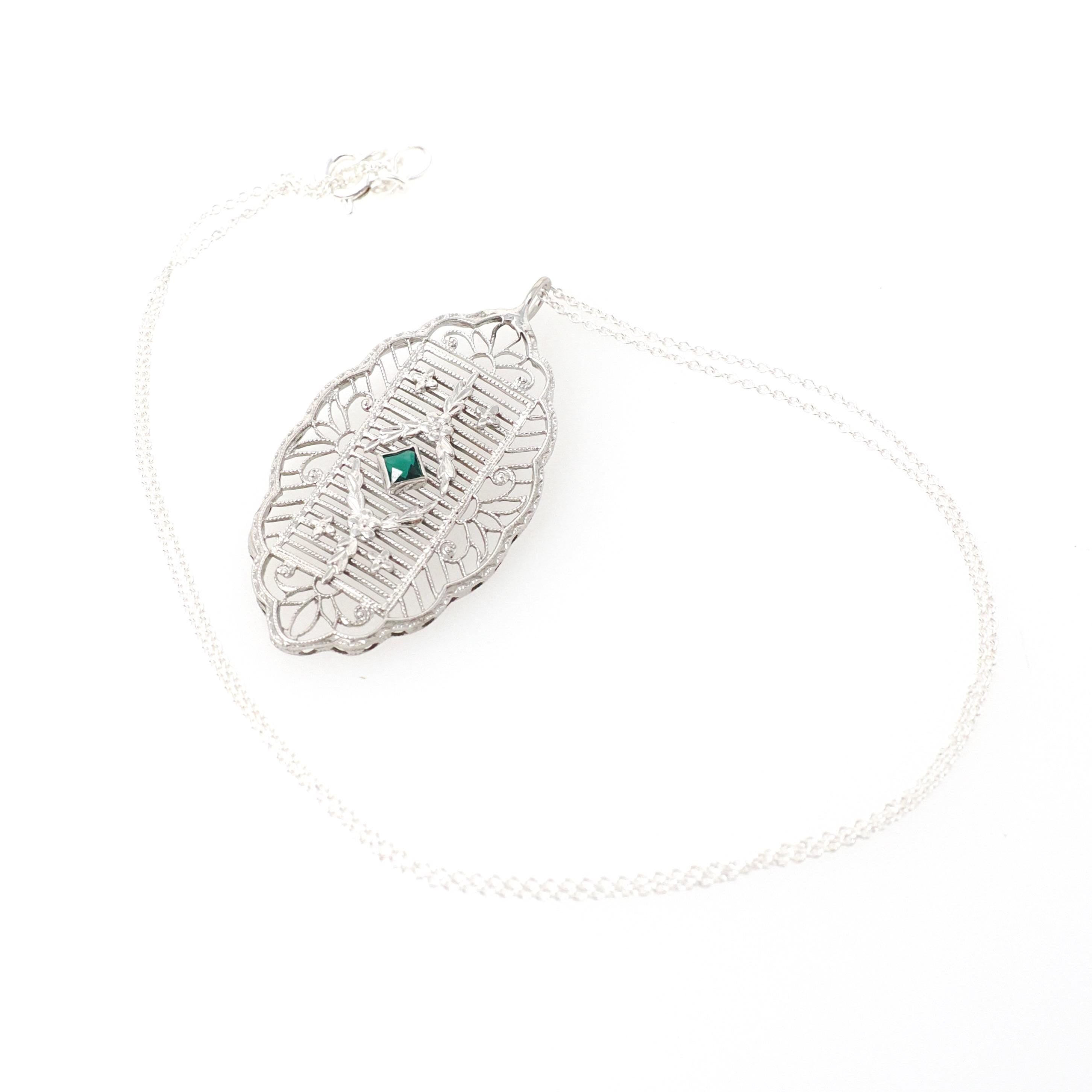 Art Deco Pendant Necklace - Antique 10k White Gold Simulated Emerald Green Glass Conversion - Circa 1920s Statement Filigree Fine Jewelry
