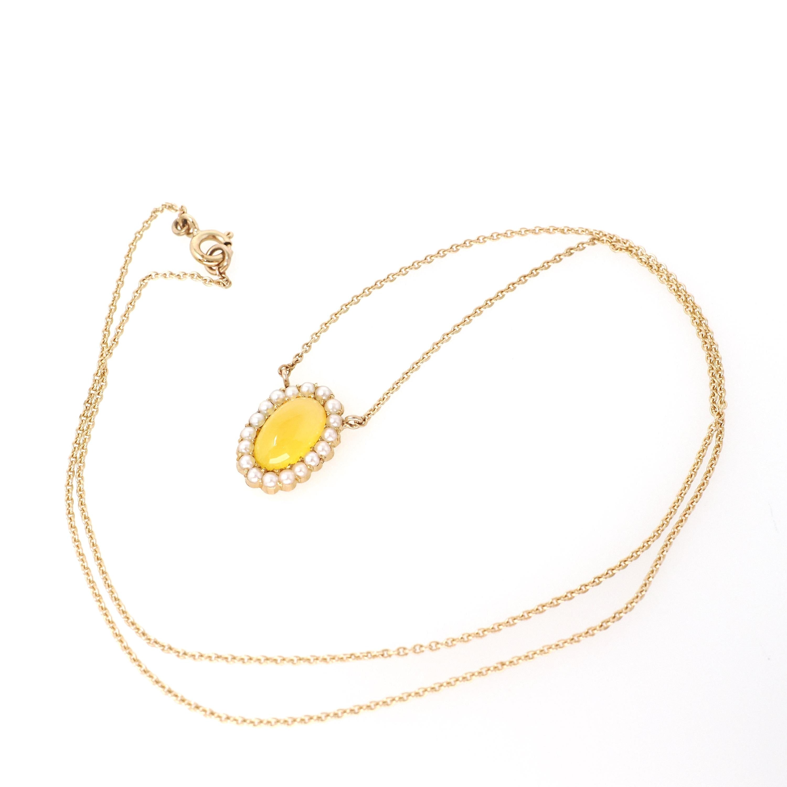 Edwardian Era Necklace - Antique 9k & 18k Yellow Gold Yellow Glass Cabochon Seed Pearl Halo - Circa 1910s Dainty Fine Conversion Jewelry