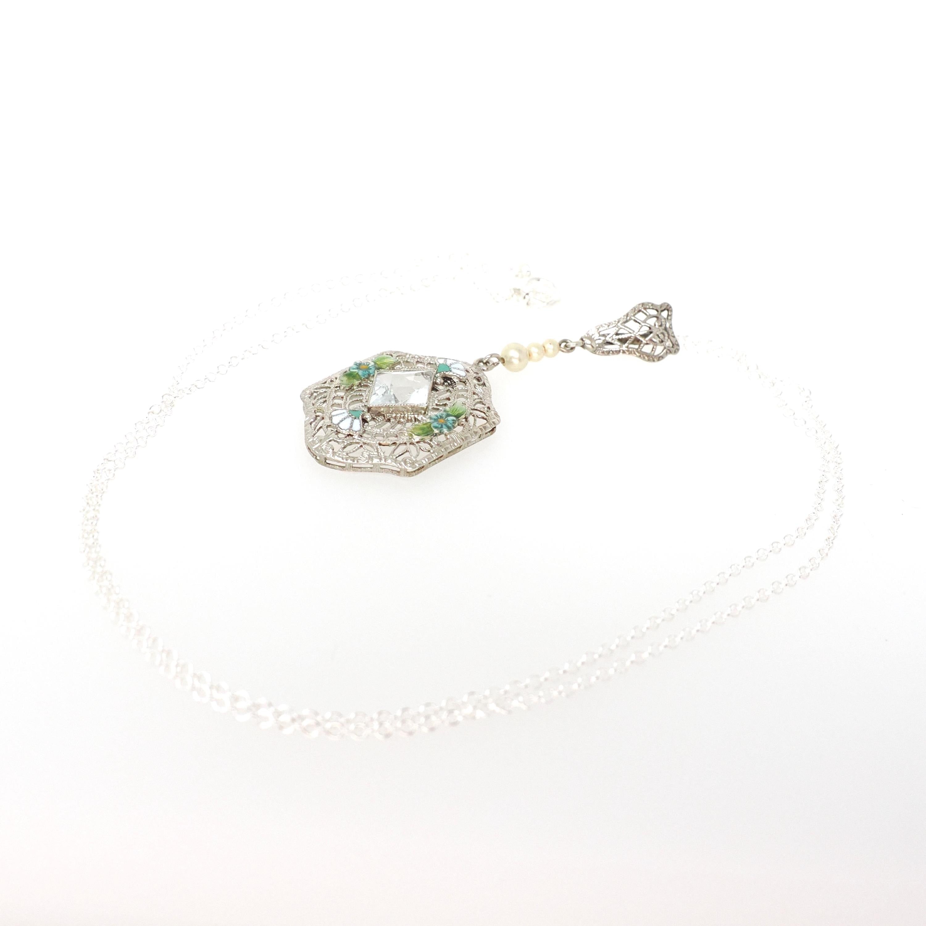 Art Deco Aquamarine Lavalier - Vintage 14k White Gold Filigree Natural Blue Gemstone Flower Enamel Simulated Pearls - Circa 1920s Jewelry
