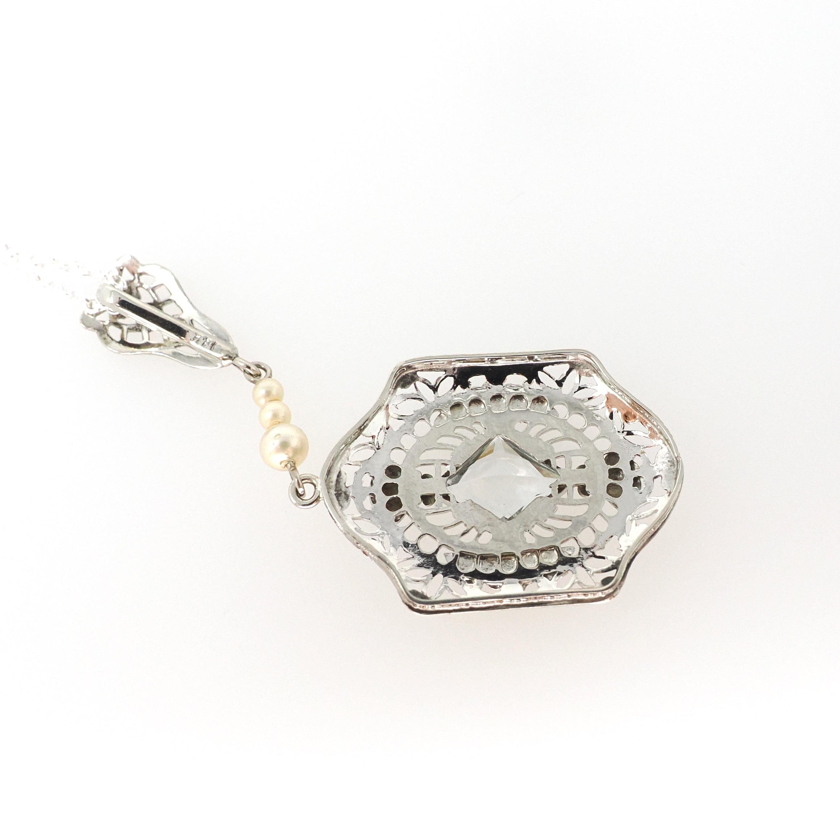 Art Deco Aquamarine Lavalier - Vintage 14k White Gold Filigree Natural Blue Gemstone Flower Enamel Simulated Pearls - Circa 1920s Jewelry