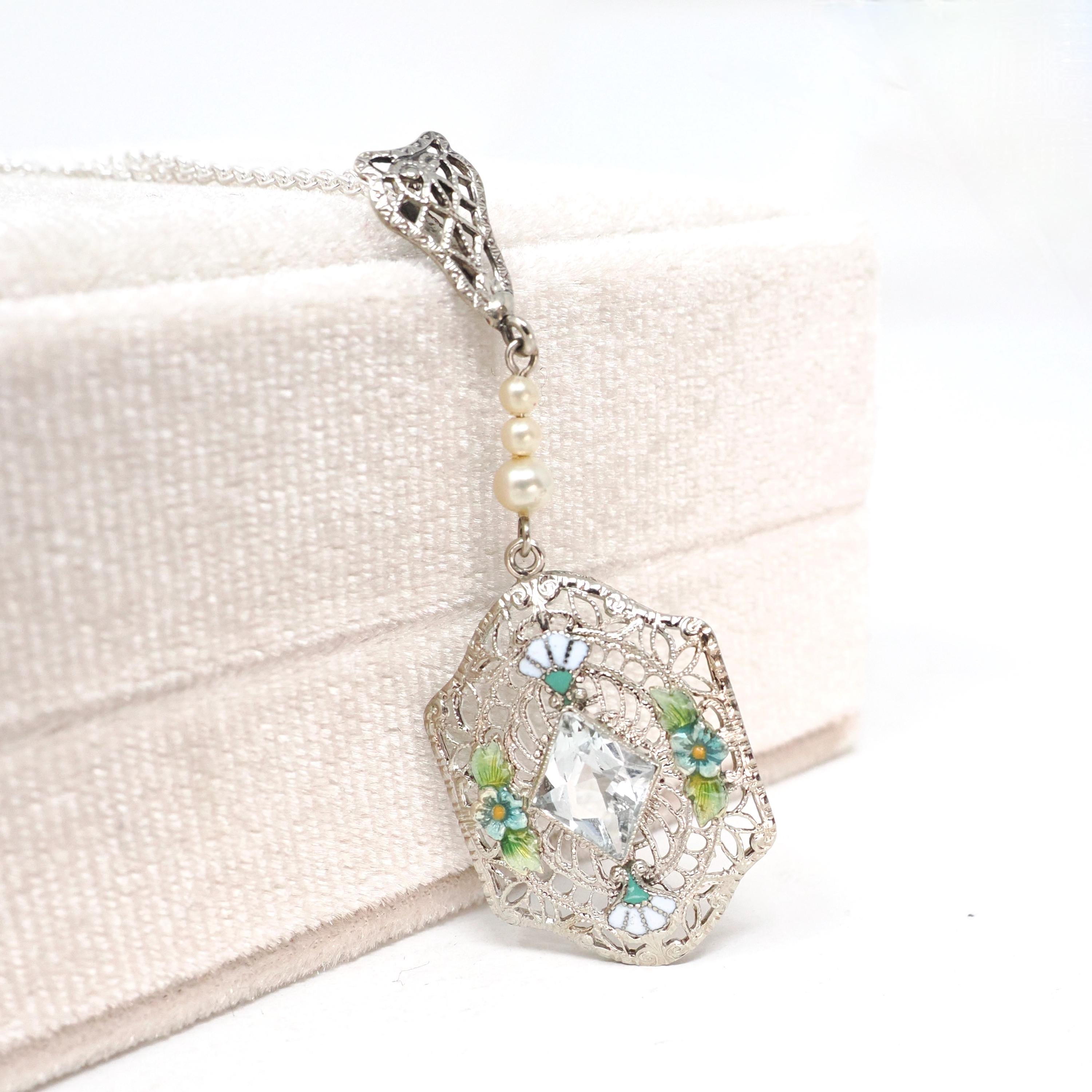 Art Deco Aquamarine Lavalier - Vintage 14k White Gold Filigree Natural Blue Gemstone Flower Enamel Simulated Pearls - Circa 1920s Jewelry