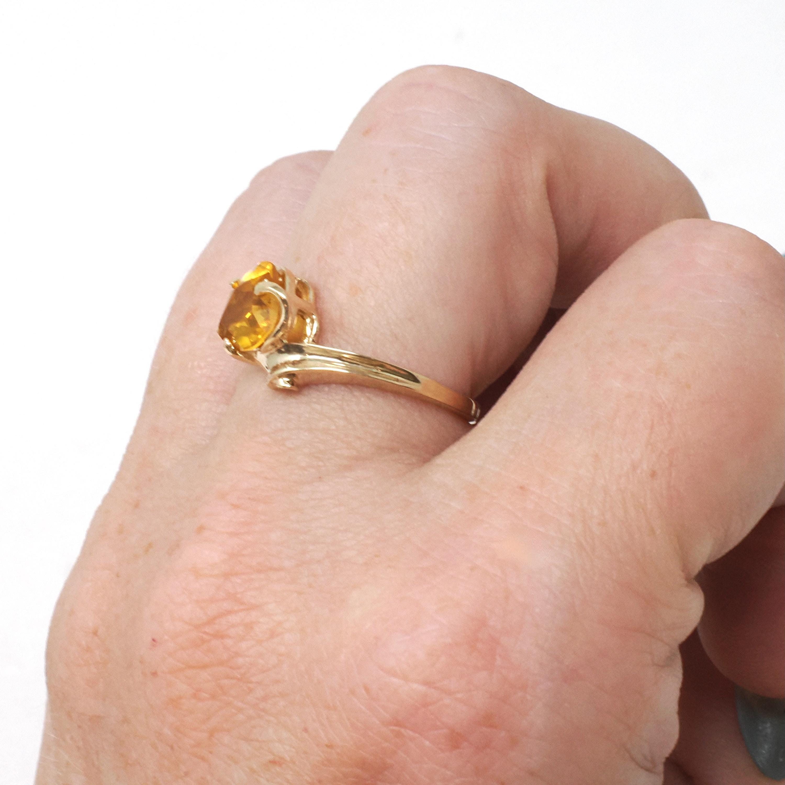 Created Yellow Sapphire Ring - Modernist 10k Yellow Gold Heart Cut Stone - Vintage Circa 1970s Size 6 1/4 Asymmetrical Style Fine Jewelry